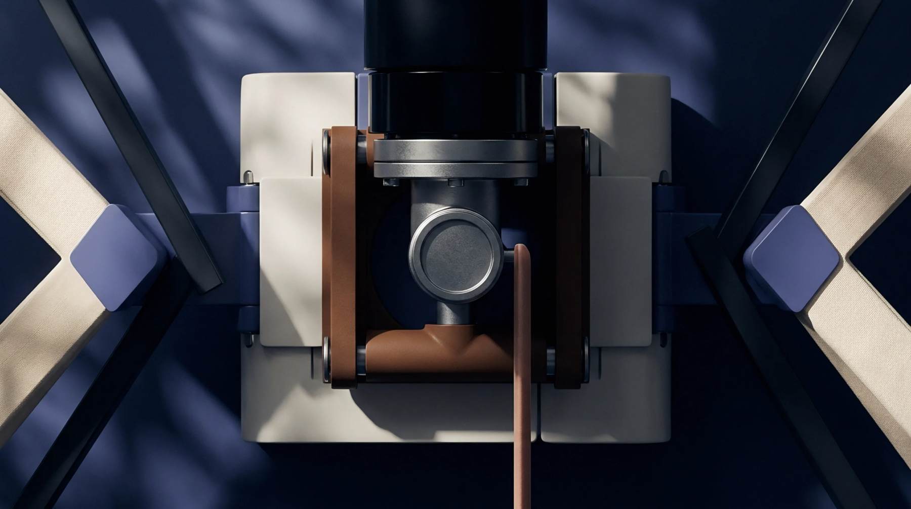This three dimensional digital illustration shows an electromechanical actuator assembly containing metallic cylinders molded housing blocks and mechanical linkage arms against a dark backdrop.