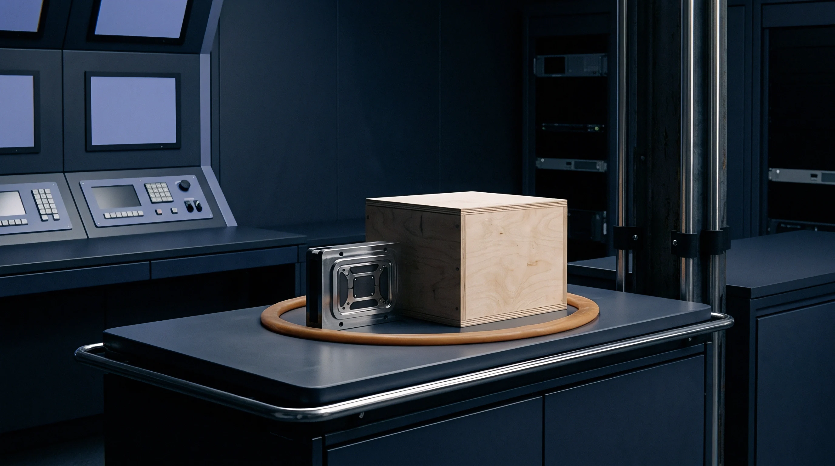 A metallic component and a wooden box are placed on a dark countertop within a sophisticated control room environment.