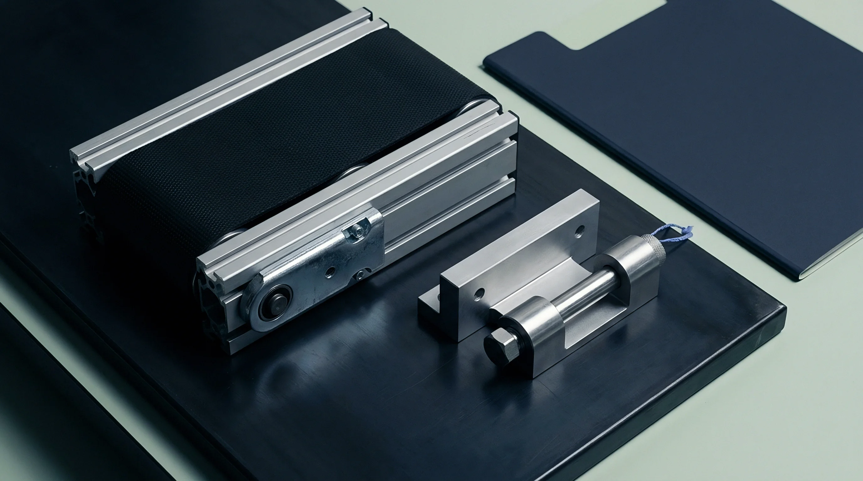 An aluminum extrusion conveyor subassembly rests beside a machined metal bracket and threaded retention pin on a dark industrial workbench surface.
