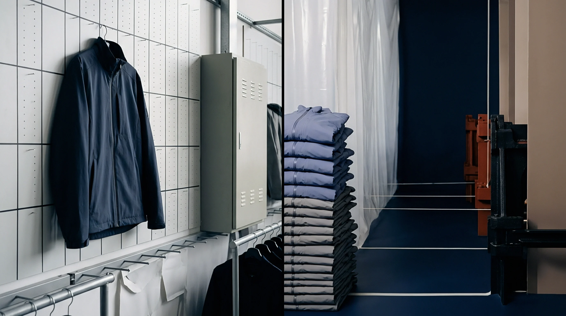 Folded apparel stacks sit beside a garment storage rack and metal pegboard wall within a production facility staging area.