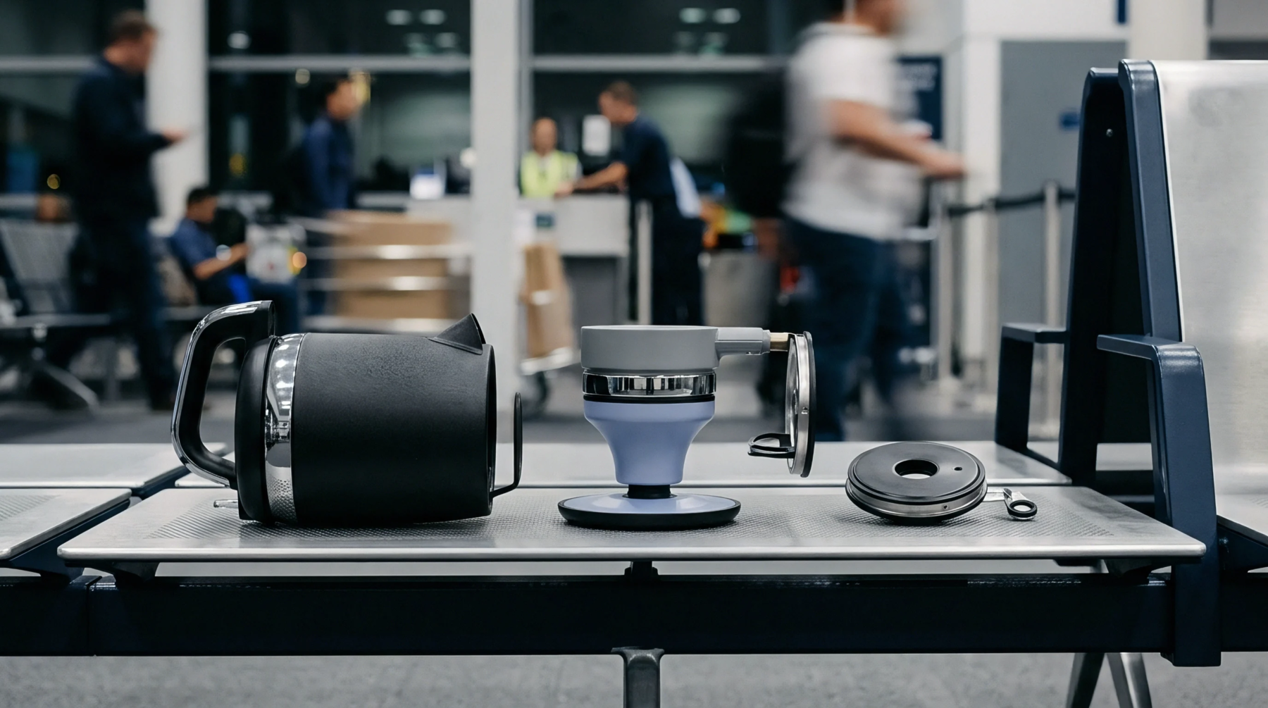 Disassembled plastic and metal appliance components rest on a metallic bench during a quality control assessment inside a transit facility.