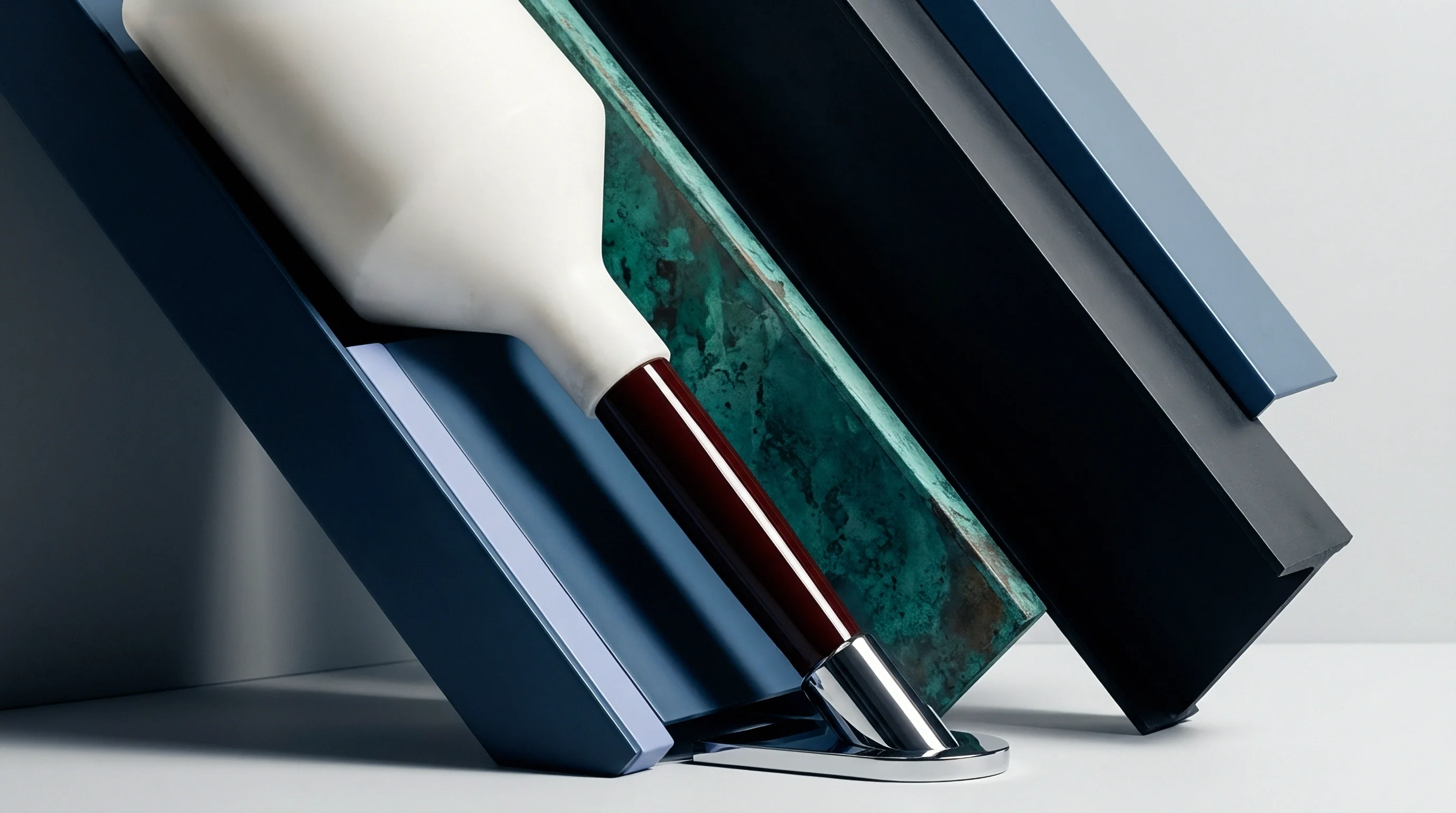 Painted aluminum extrusion profiles and patinated stone finish samples are arranged alongside a ceramic component on a neutral studio surface.