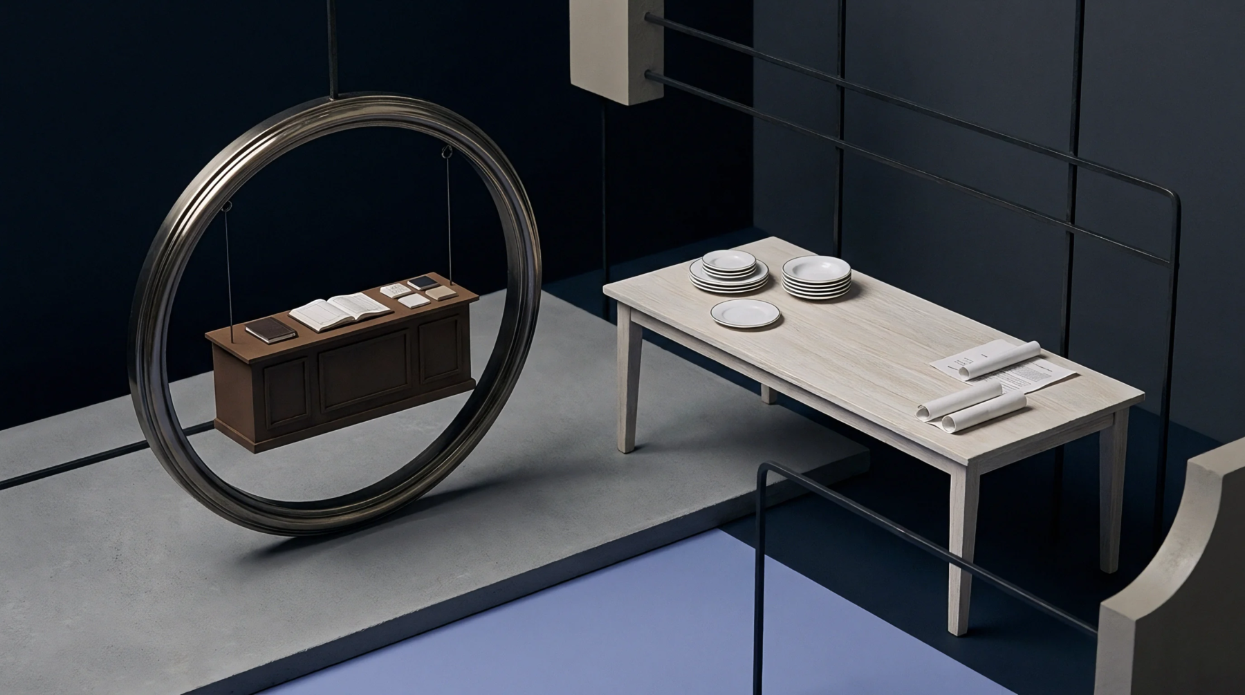A three dimensional graphic render displays a suspended miniature wooden desk inside a metal ring beside a light wood factory planning table.