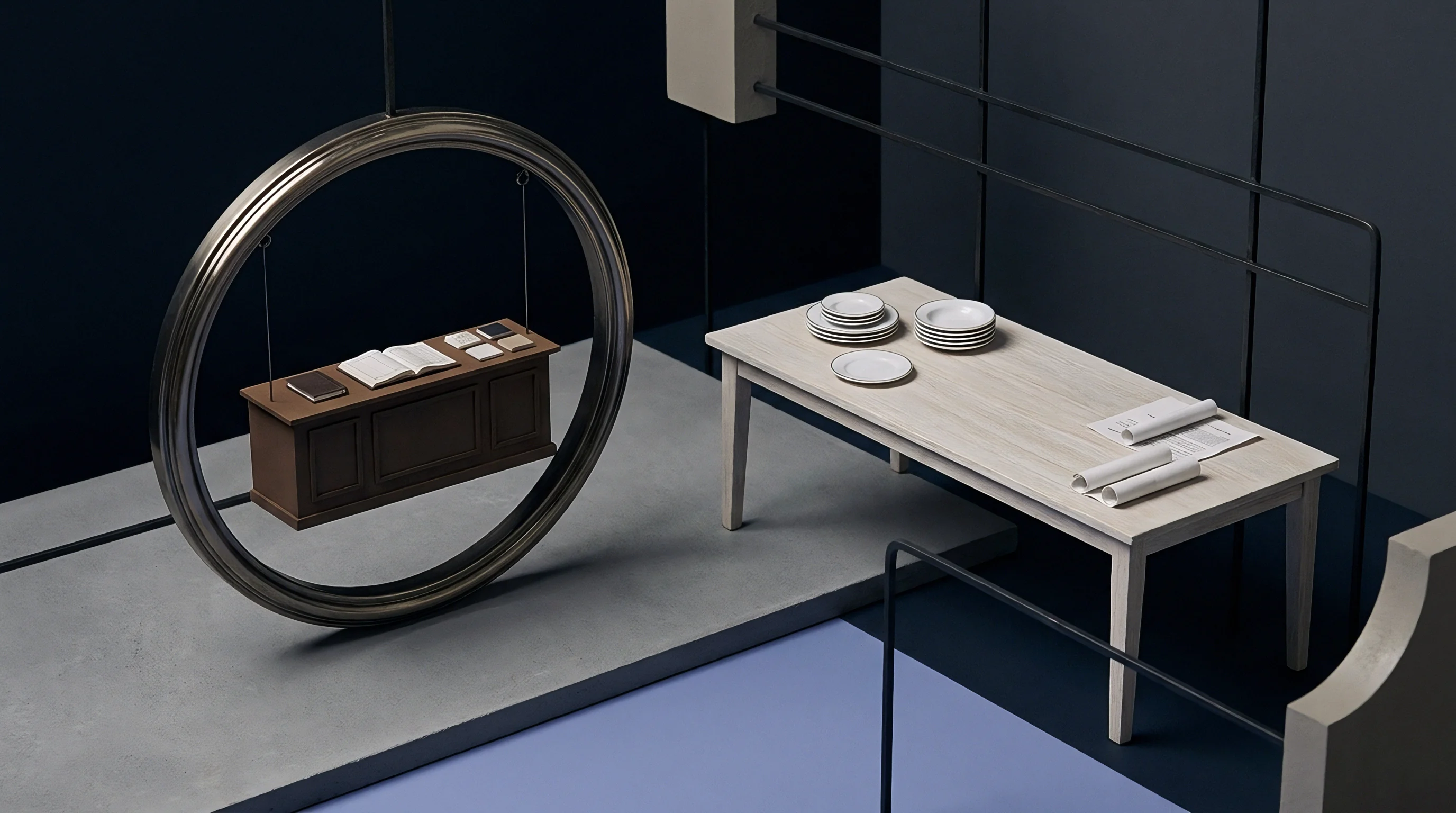 A three dimensional graphic render displays a suspended miniature wooden desk inside a metal ring beside a light wood factory planning table.