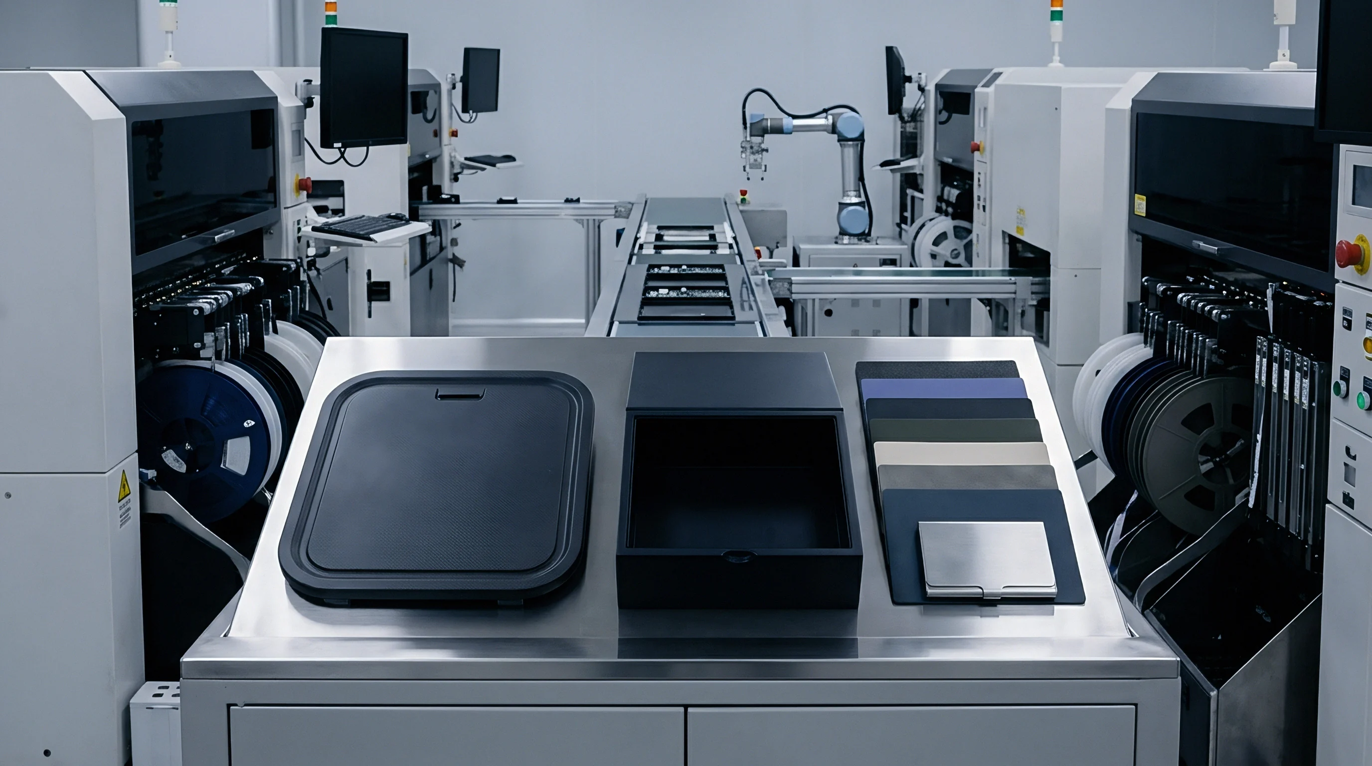 Stainless steel inspection tables and robotic placement machinery organize printed circuit boards inside an automated electronics manufacturing plant.