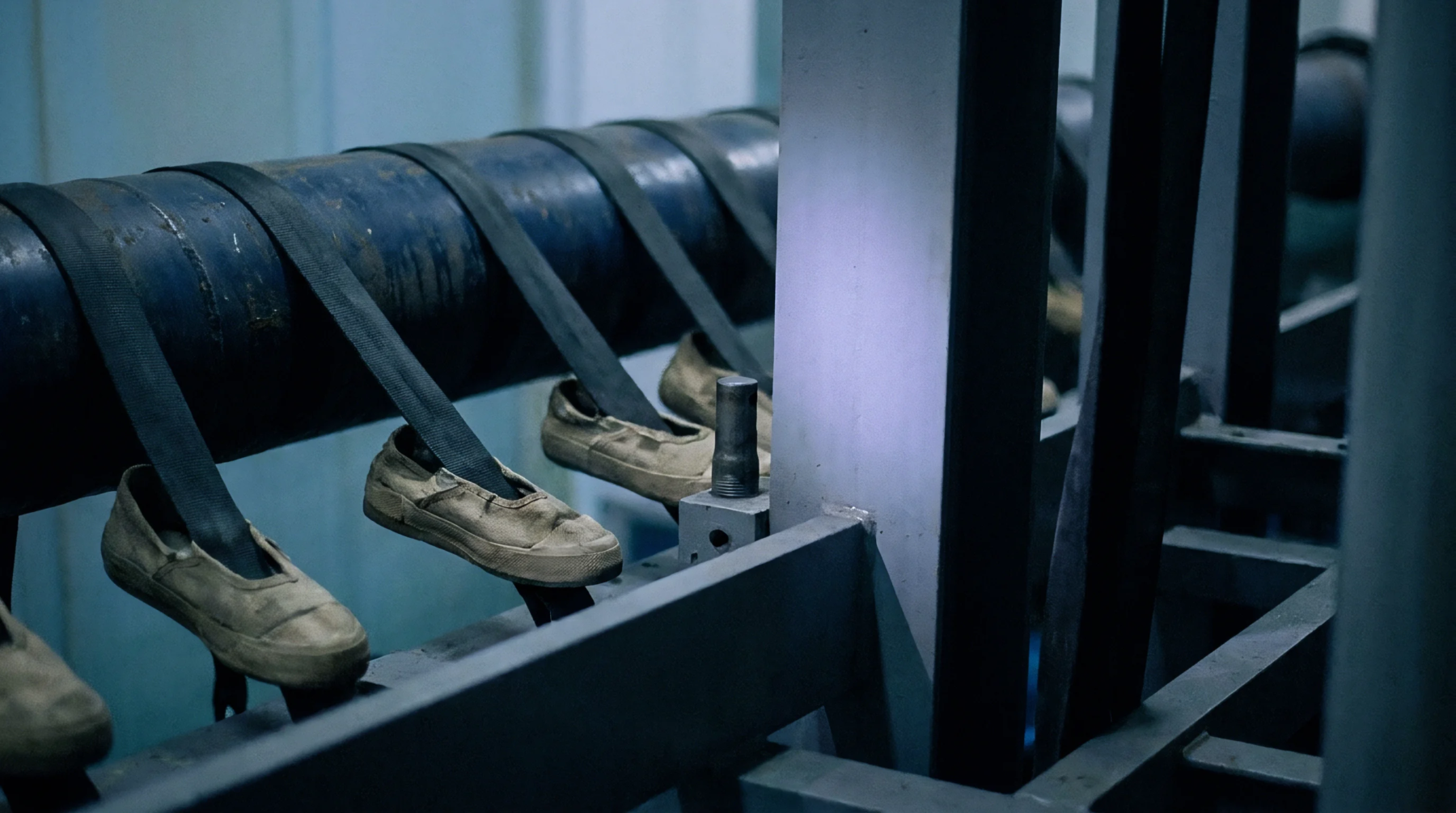 Canvas footwear samples undergo repetitive mechanical bending on a testing drum inside an industrial quality assurance laboratory.