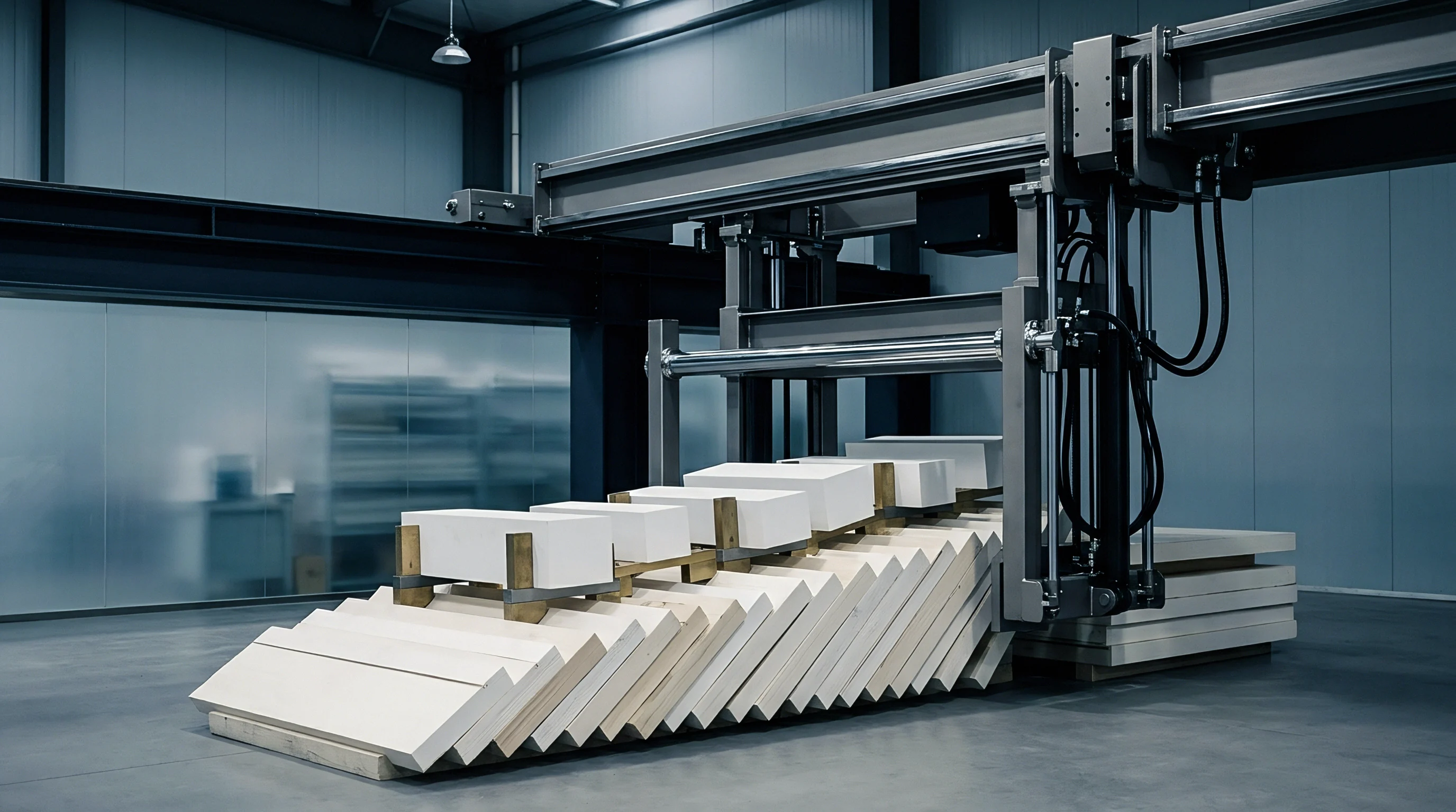 White rectangular building blocks rest on a loading platform while a large overhead gantry robot moves into position inside a production facility.