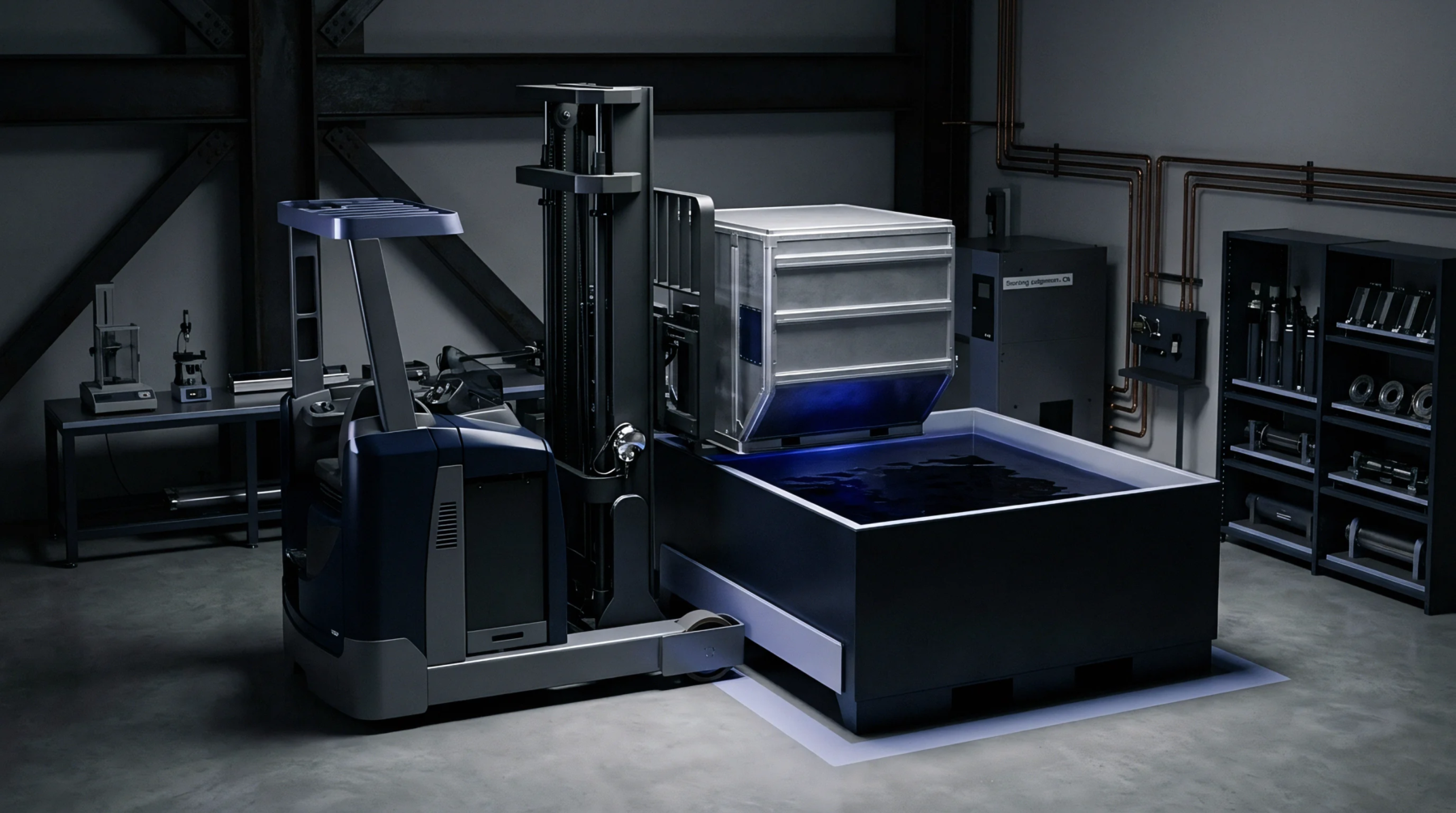 A digital render features an automated industrial forklift suspending a metal container above a dark fluid immersion test tank inside a warehouse facility.