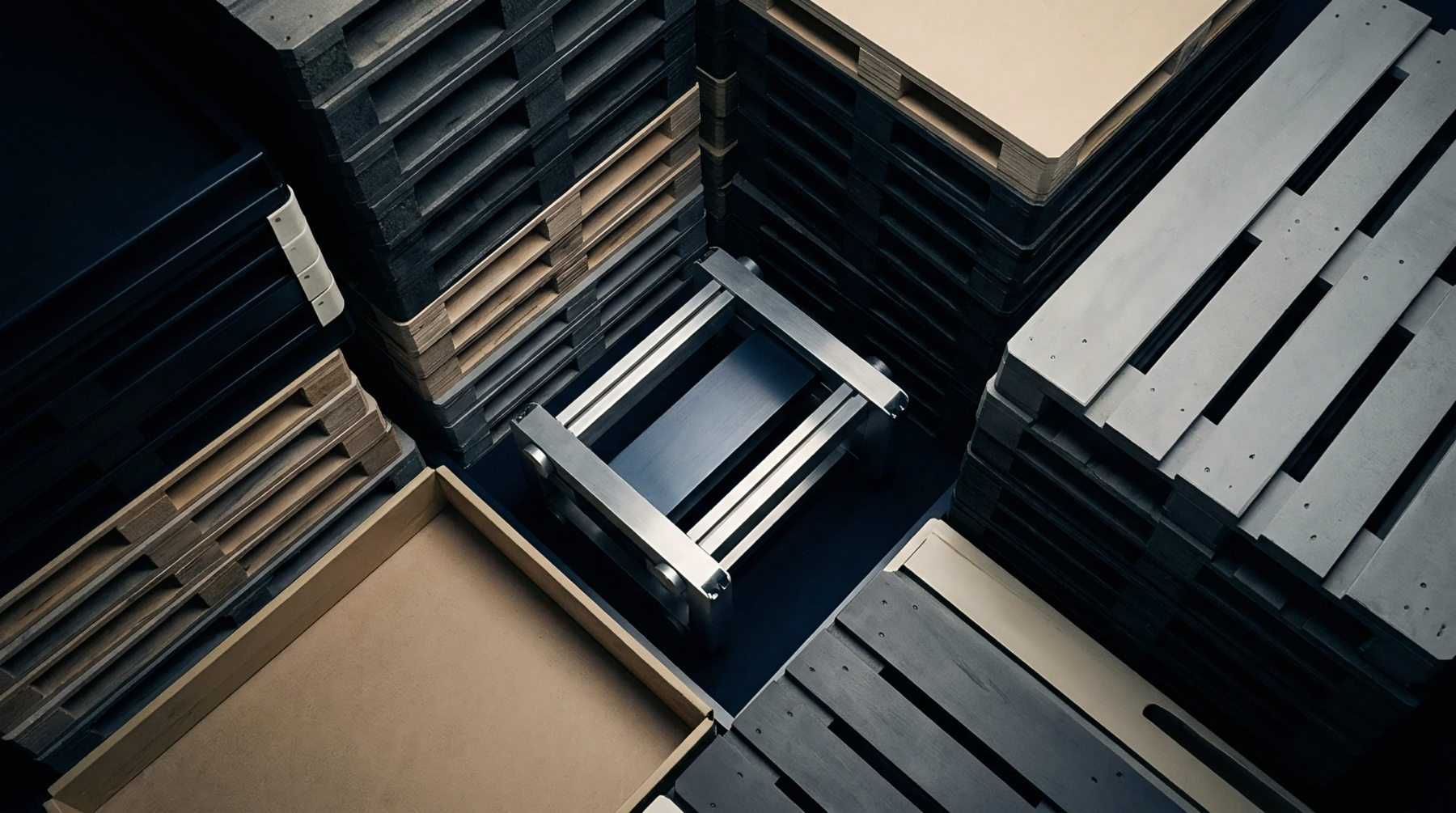 Metal automated guided vehicle sits centrally among stacked wooden and plastic storage pallets inside a dark industrial warehouse facility.