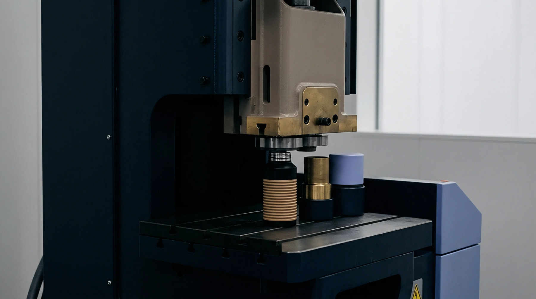 Industrial stamping machinery lowers a precision die onto ribbed metal cylindrical components secured to a factory workbench.
