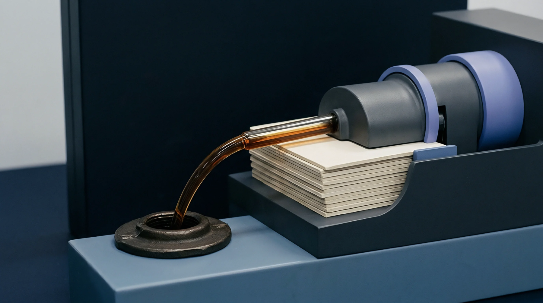 A digital illustration shows an automated nozzle dispensing viscous oil onto a stack of white sheets within an industrial workstation setup.