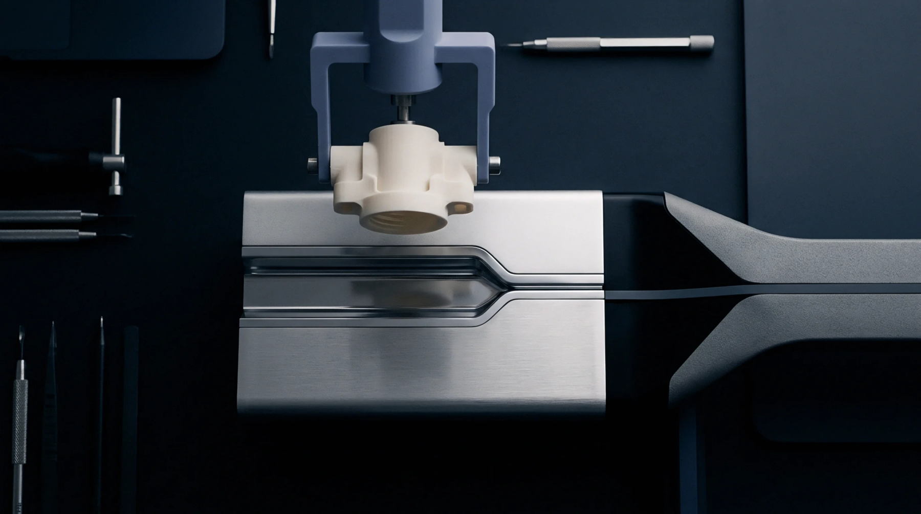 A robotic gripper suspends a molded polymer housing above an aluminum extrusion fixture inside an automated industrial manufacturing workstation.