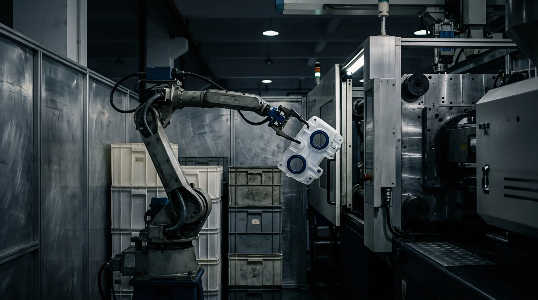 A robotic arm grasps a white plastic component with blue accents on a production floor next to industrial machinery.