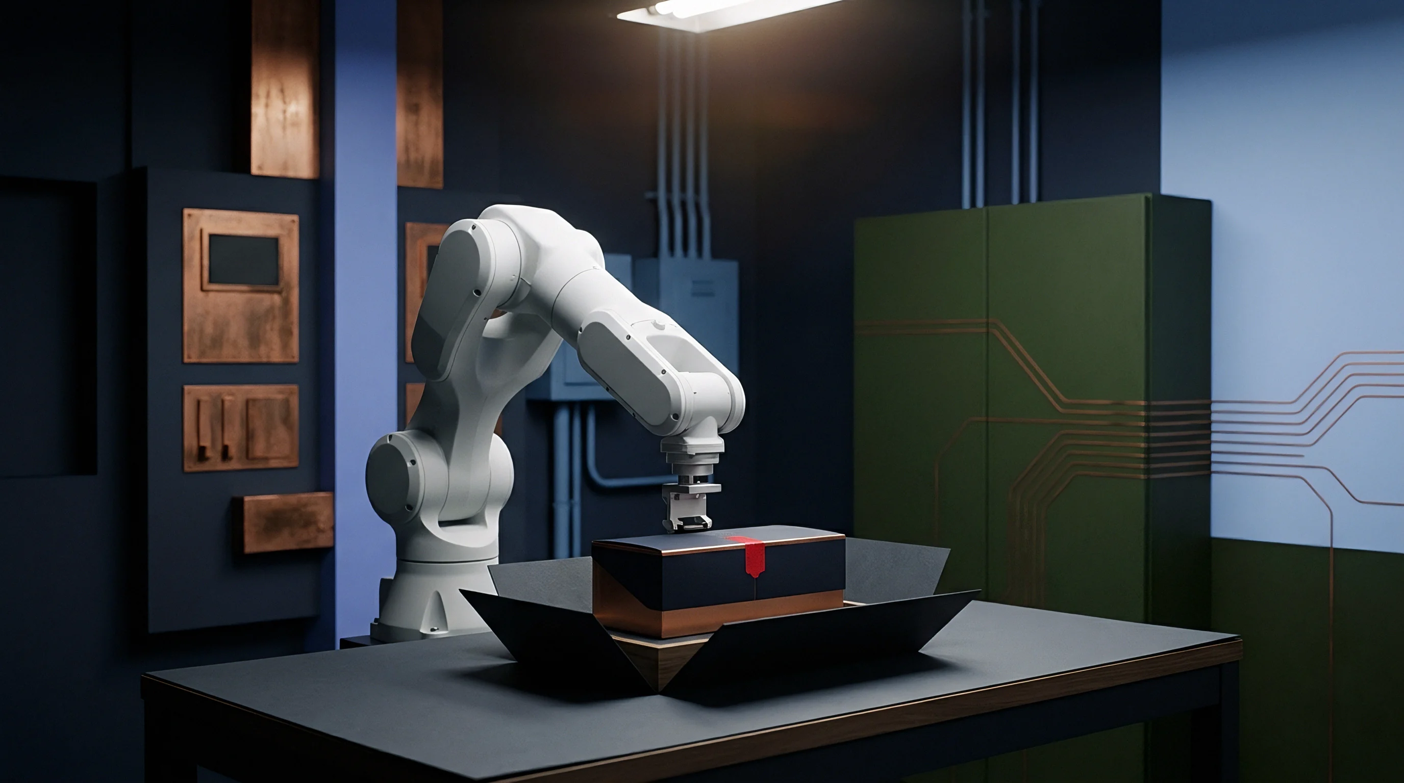 A digital render shows a white articulated robotic arm placing a packaged luxury product into an open carton on an industrial table.