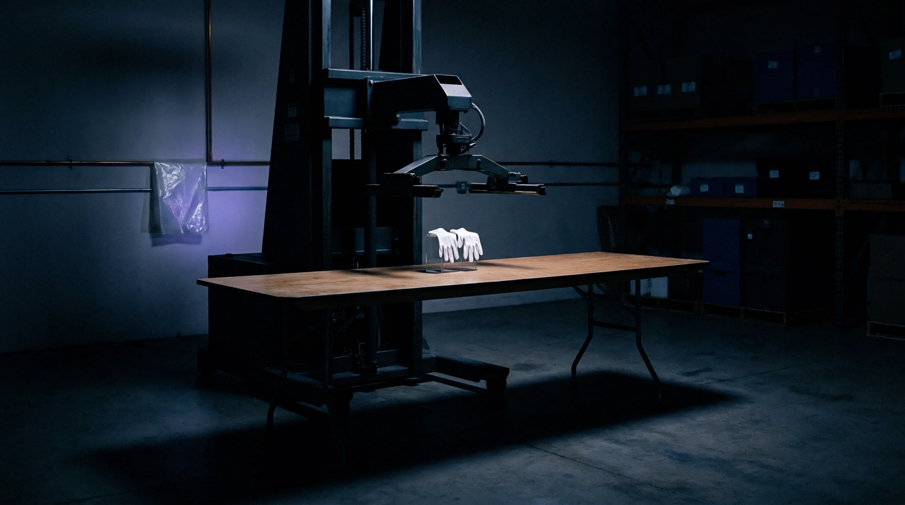Protective gloves rest on a wooden table beneath an industrial robotic inspection gantry inside a dimly lit factory warehouse.