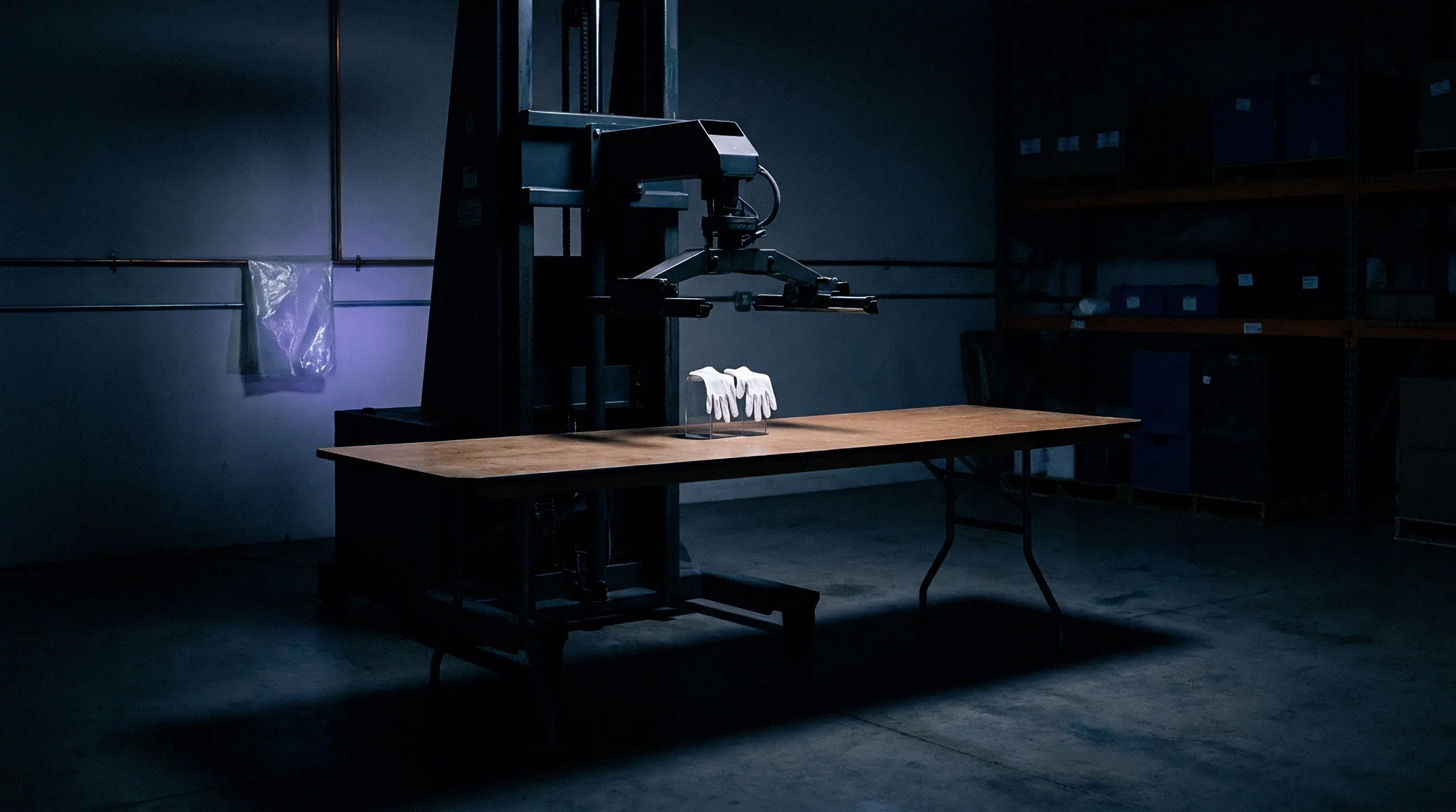 Protective gloves rest on a wooden table beneath an industrial robotic inspection gantry inside a dimly lit factory warehouse.