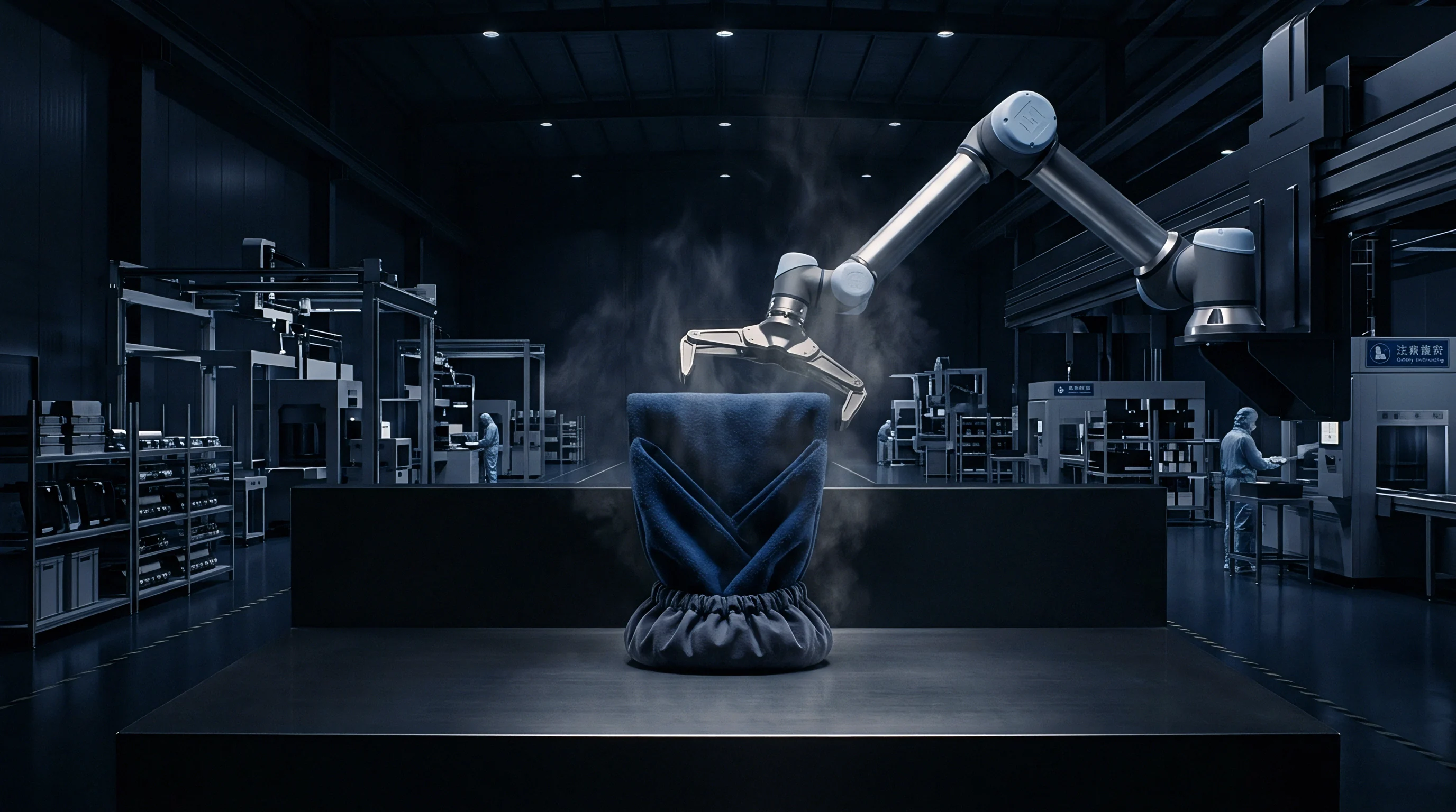 A digital render shows an articulated robotic arm positioned above a steaming textile piece inside a dark industrial manufacturing facility.