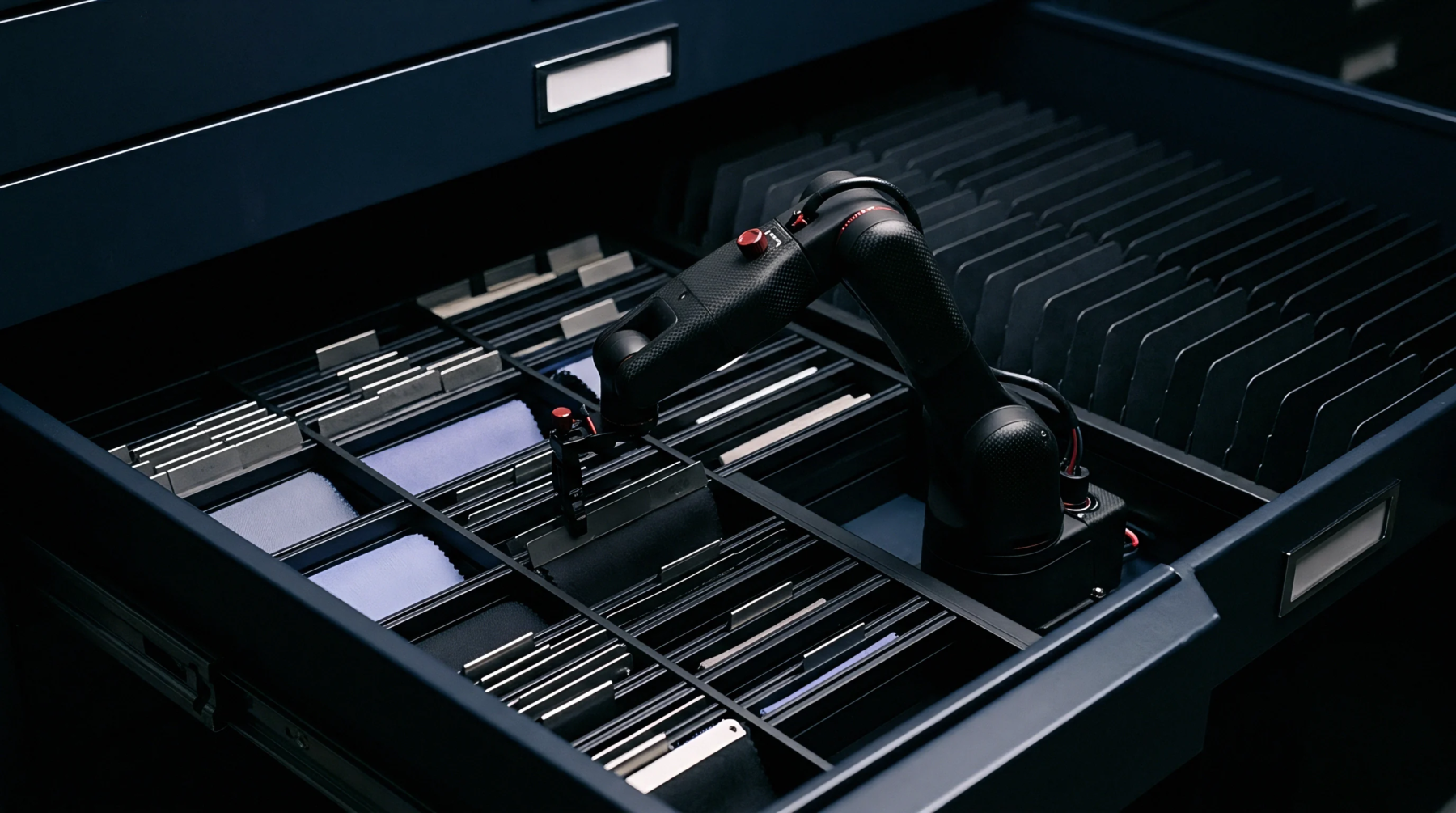 An articulated robotic arm selects a metallic swatch from partitioned storage within a dark industrial parts cabinet.