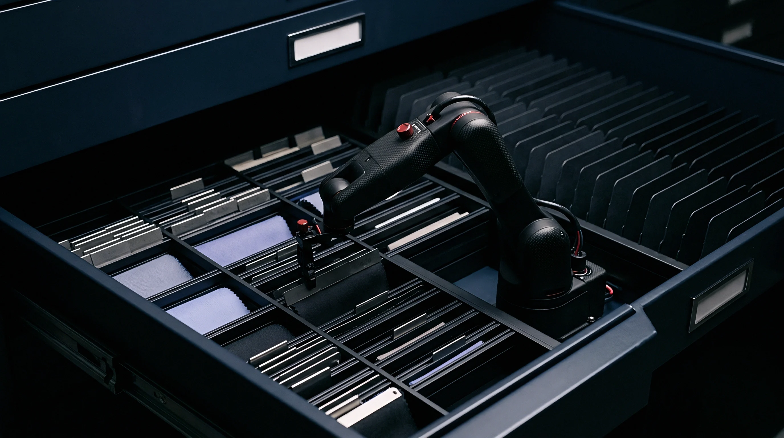 An articulated robotic arm selects a metallic swatch from partitioned storage within a dark industrial parts cabinet.