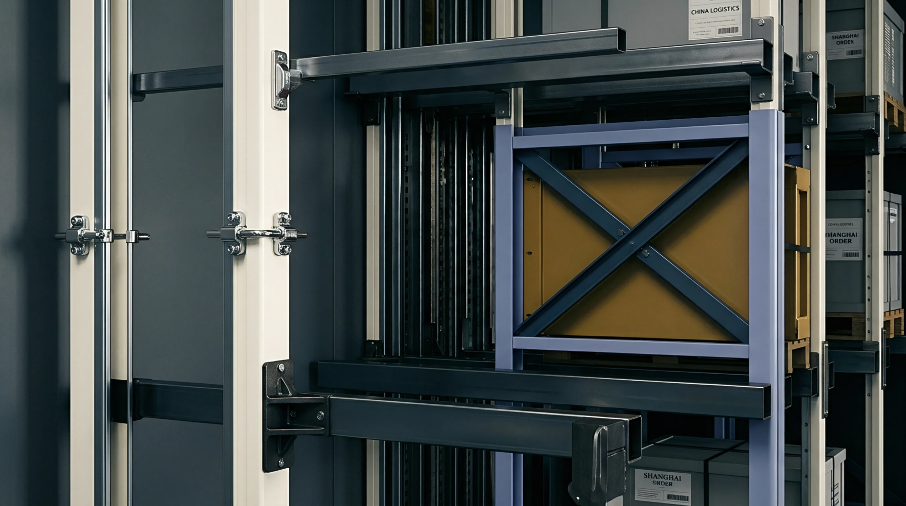 Steel storage racks and automated lifting arms operate inside an industrial warehouse facility storing standardized cargo containers.