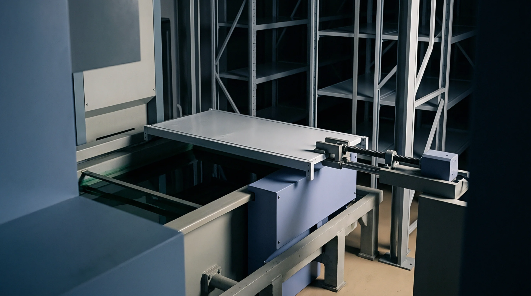 An automated storage and retrieval mechanism extends a metal tray toward tall industrial shelving inside a mechanized distribution facility.