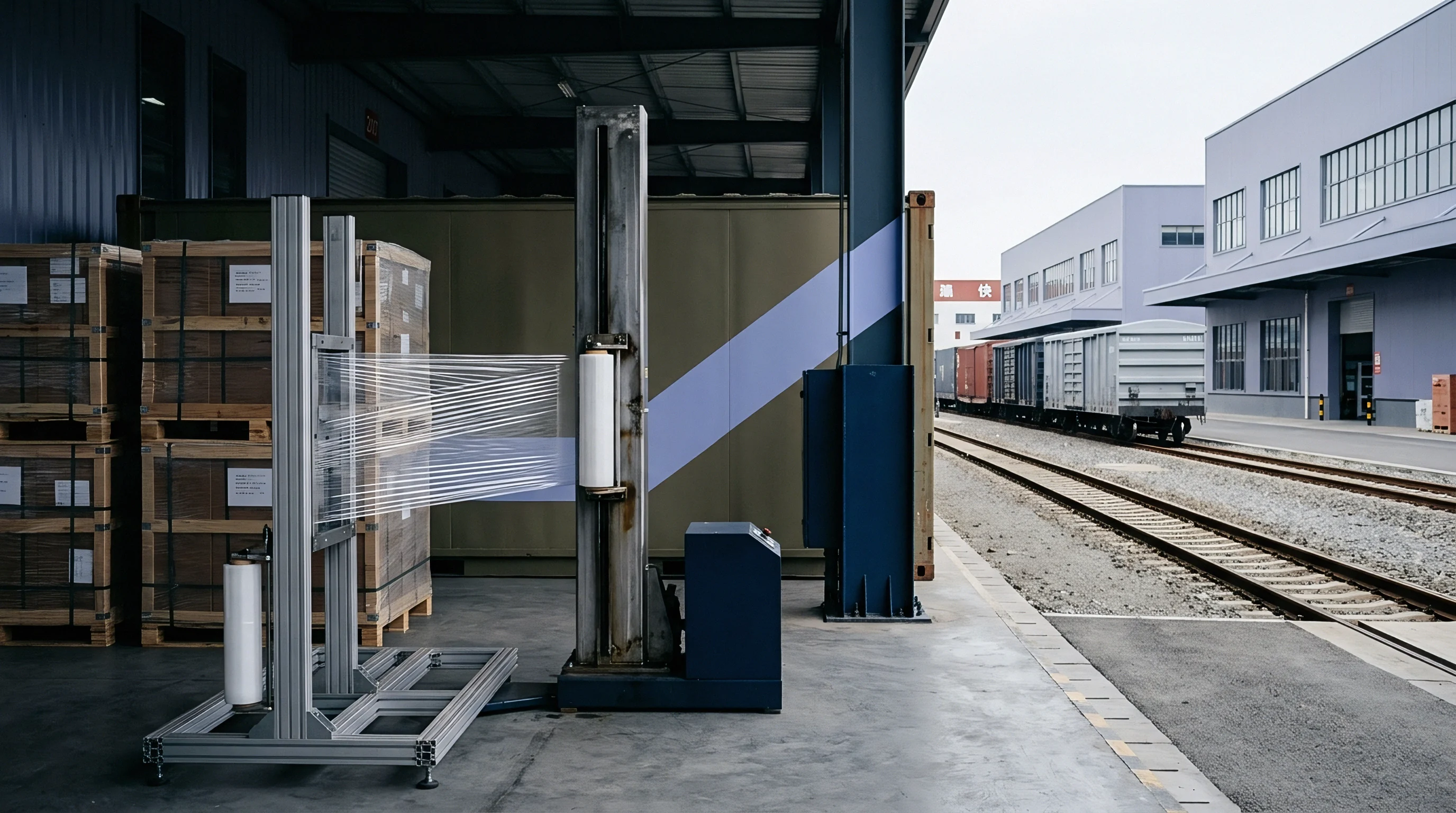 An industrial pallet wrapping machine stretches plastic film across stacked cartons inside a logistics warehouse adjacent to active railway tracks.