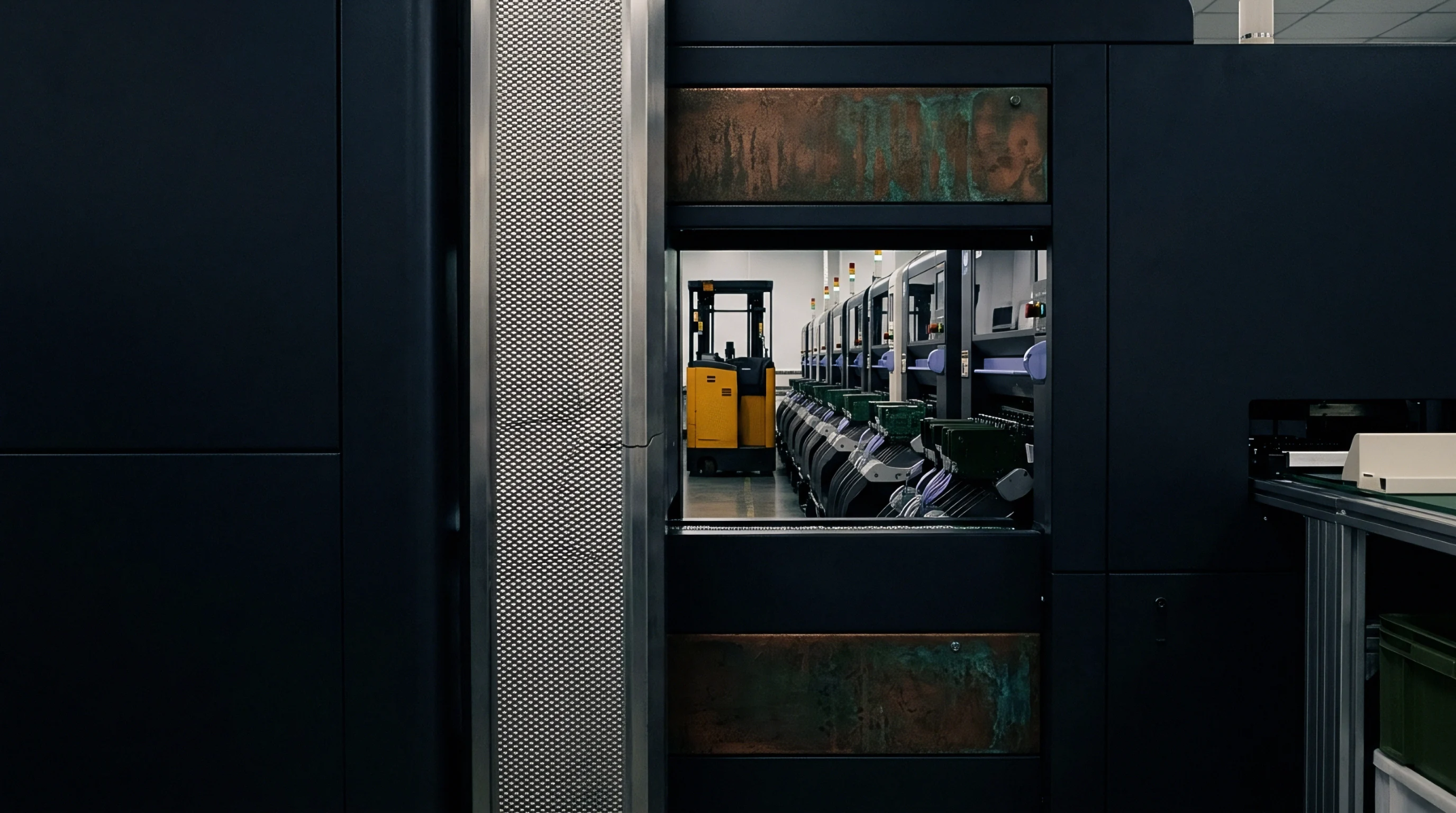 Automated surface mount technology machinery operates within a dark industrial enclosure while an autonomous mobile robot waits on the factory floor.