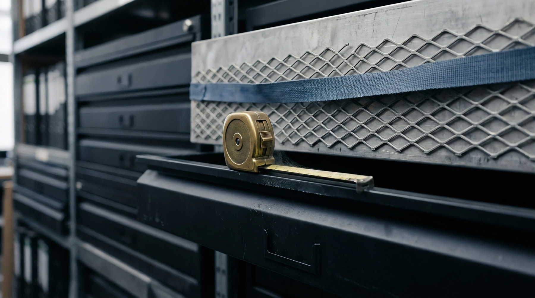 A brass tape measure rests on an open metal drawer inside a dense industrial warehouse shelving unit.