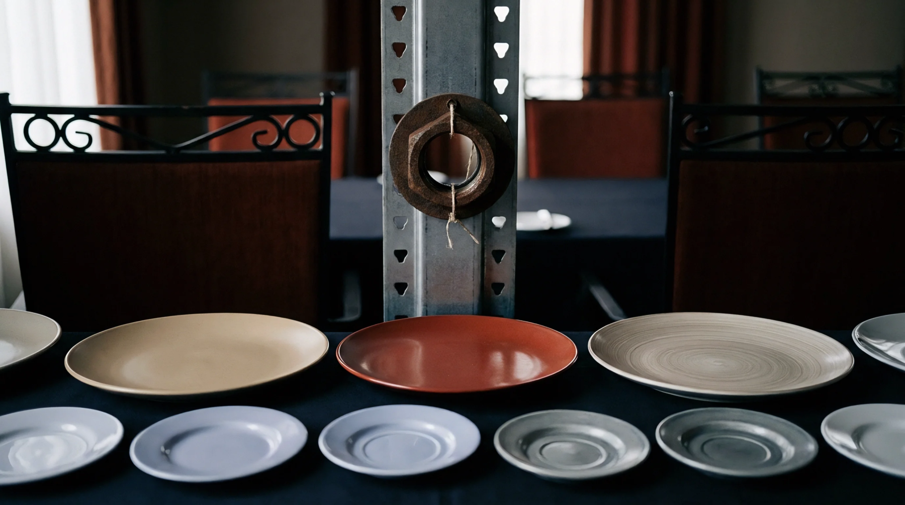 Ceramic plates and saucers of various colors and sizes are arranged across a dark table beneath an upright structural steel beam.