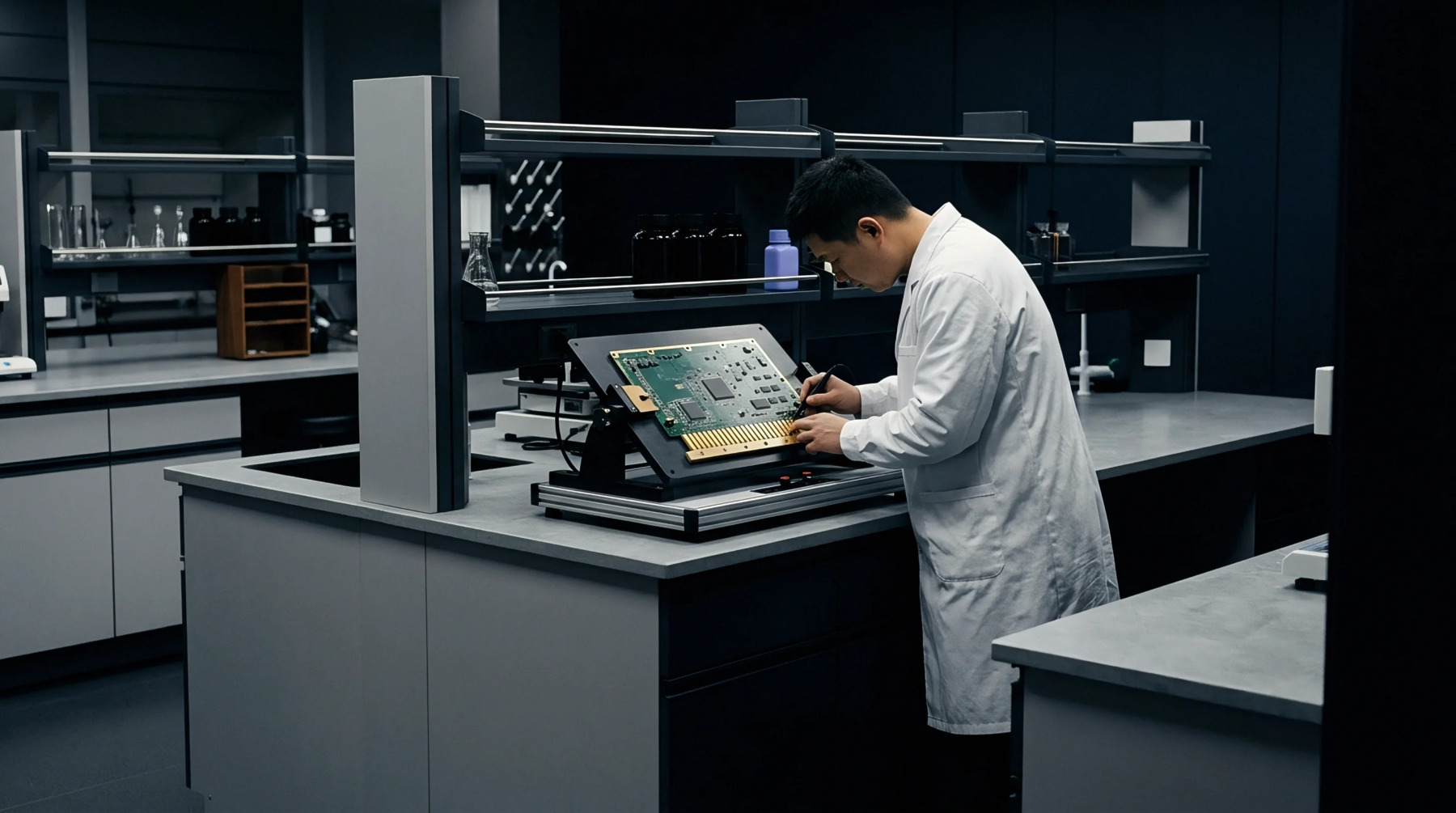 Factory technician inspects populated printed circuit board mounted on adjustable test fixture inside dark industrial electronics laboratory.