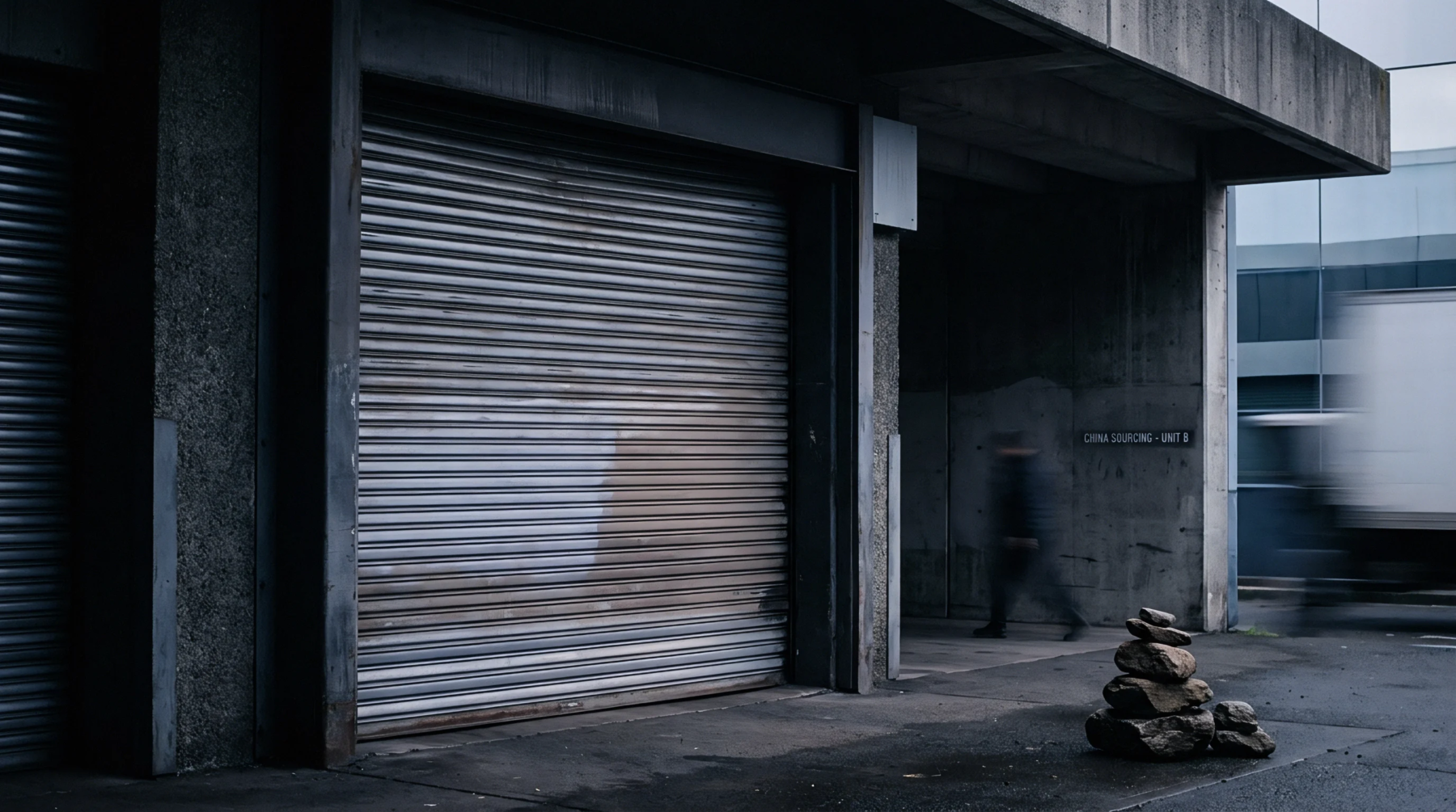 A closed steel roller shutter door of an industrial warehouse stands beside a concrete loading bay wall with a stacked stone cairn.