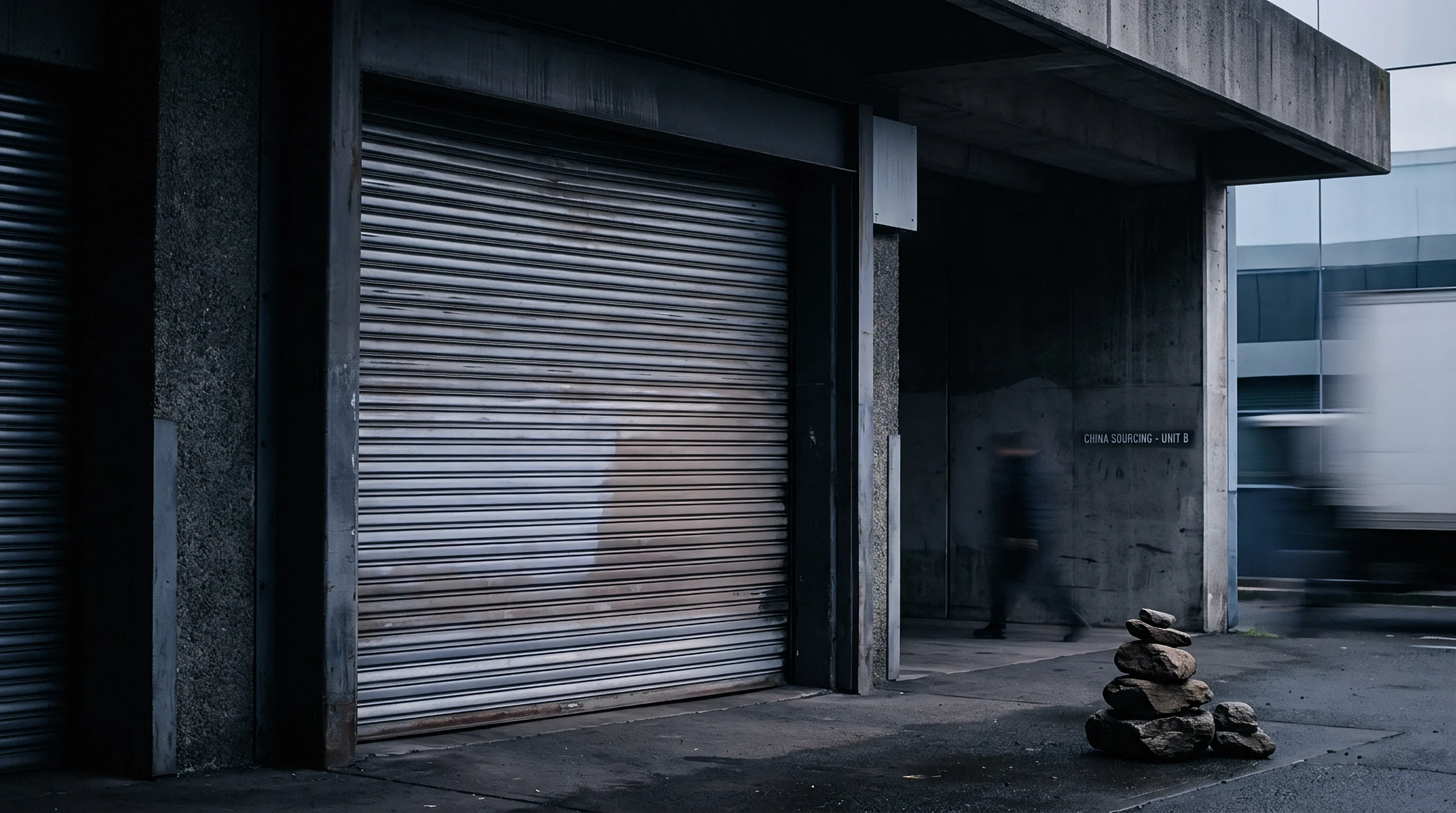 A closed steel roller shutter door of an industrial warehouse stands beside a concrete loading bay wall with a stacked stone cairn.