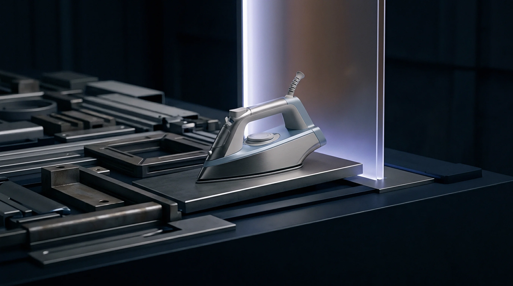 A finished metal pressing appliance prototype sits beside machined aluminum profiles on an industrial inspection table inside a production facility.