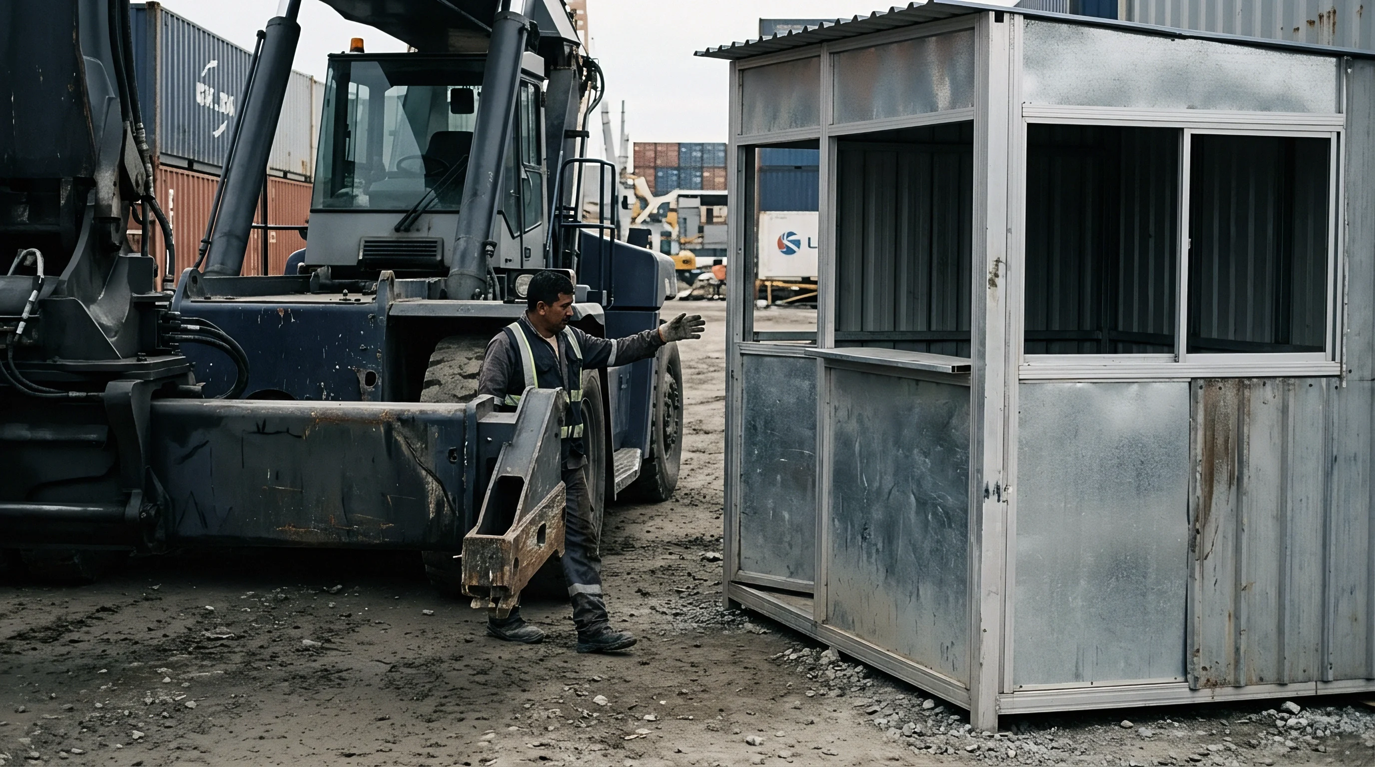 A heavy industrial reach stacker and a galvanized steel security booth stand on a gravel container terminal yard near shipping containers.