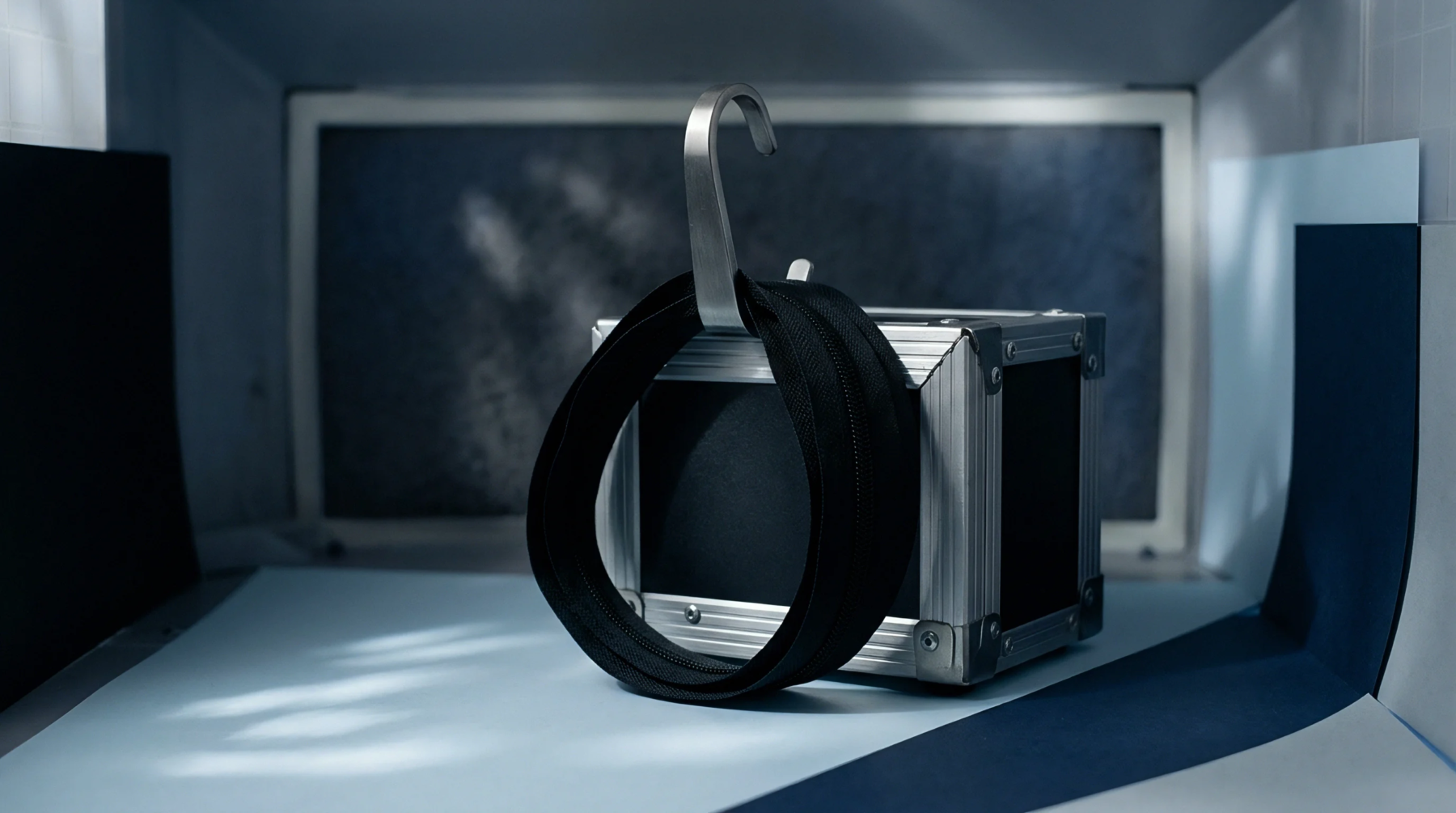 A metallic hanging hook suspends a continuous loop of black fastener tape beside a small aluminum equipment case inside a studio lightbox.