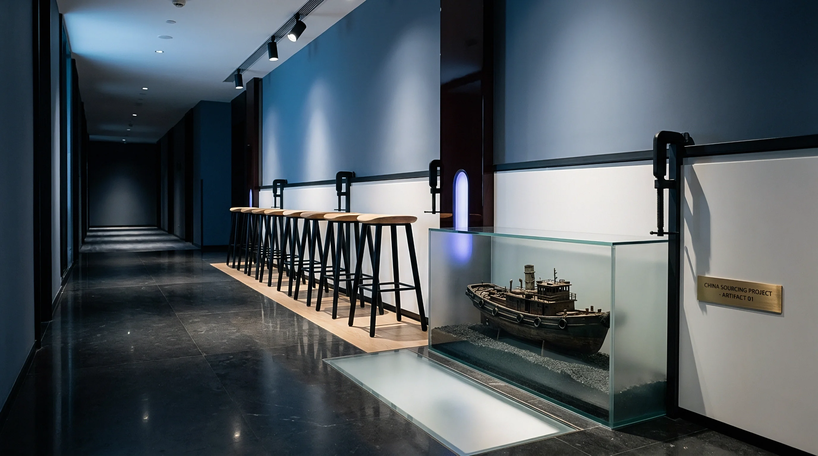 A glass display case enclosing a detailed ship model sits along a painted blue wall within a corporate office corridor.