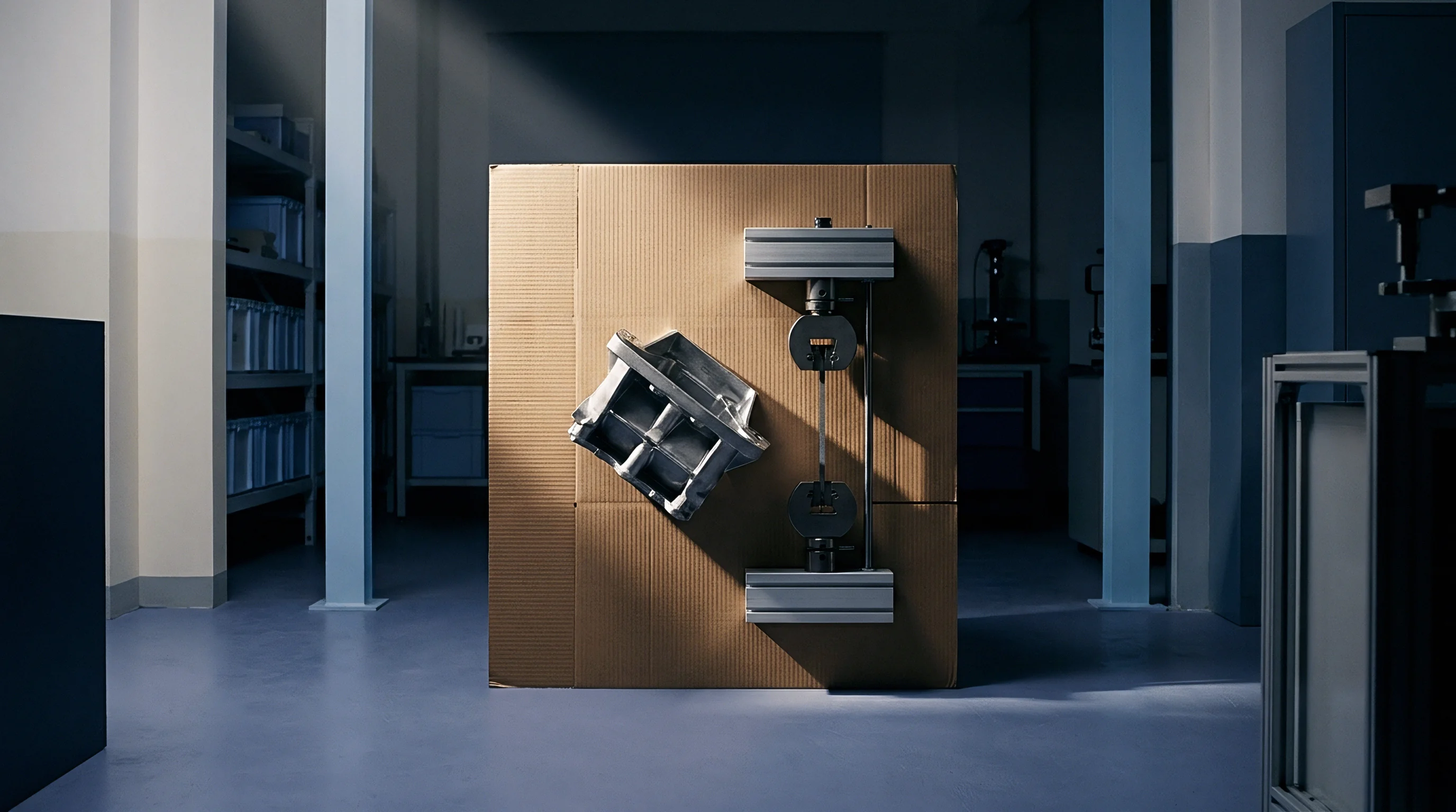 A corrugated cardboard box stands in an industrial warehouse while mounted mechanical fixtures test material strength during a factory compliance audit.