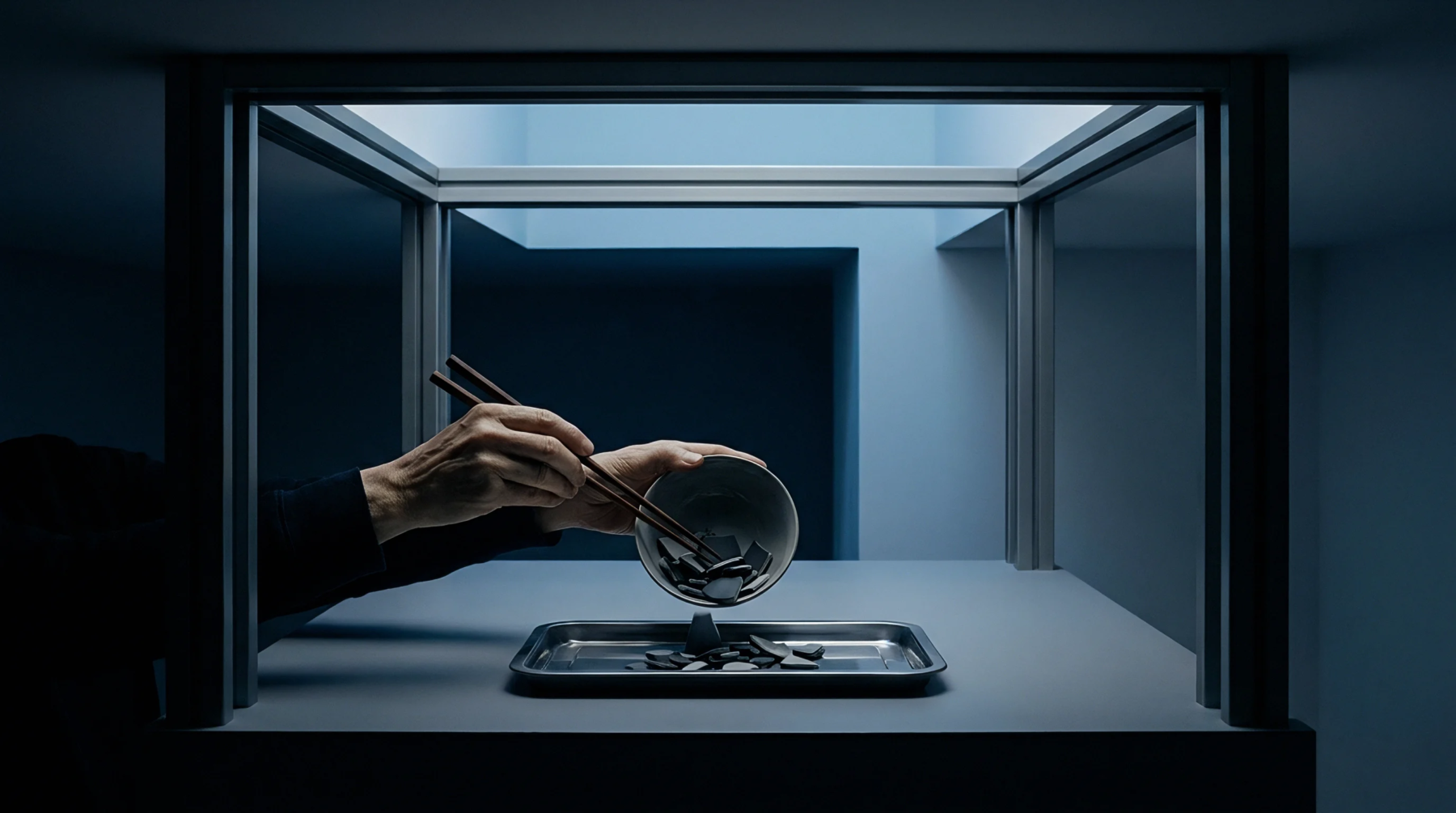 Operator hands use chopsticks to sort fractured ceramic shards into a metal tray within a modular industrial testing booth.