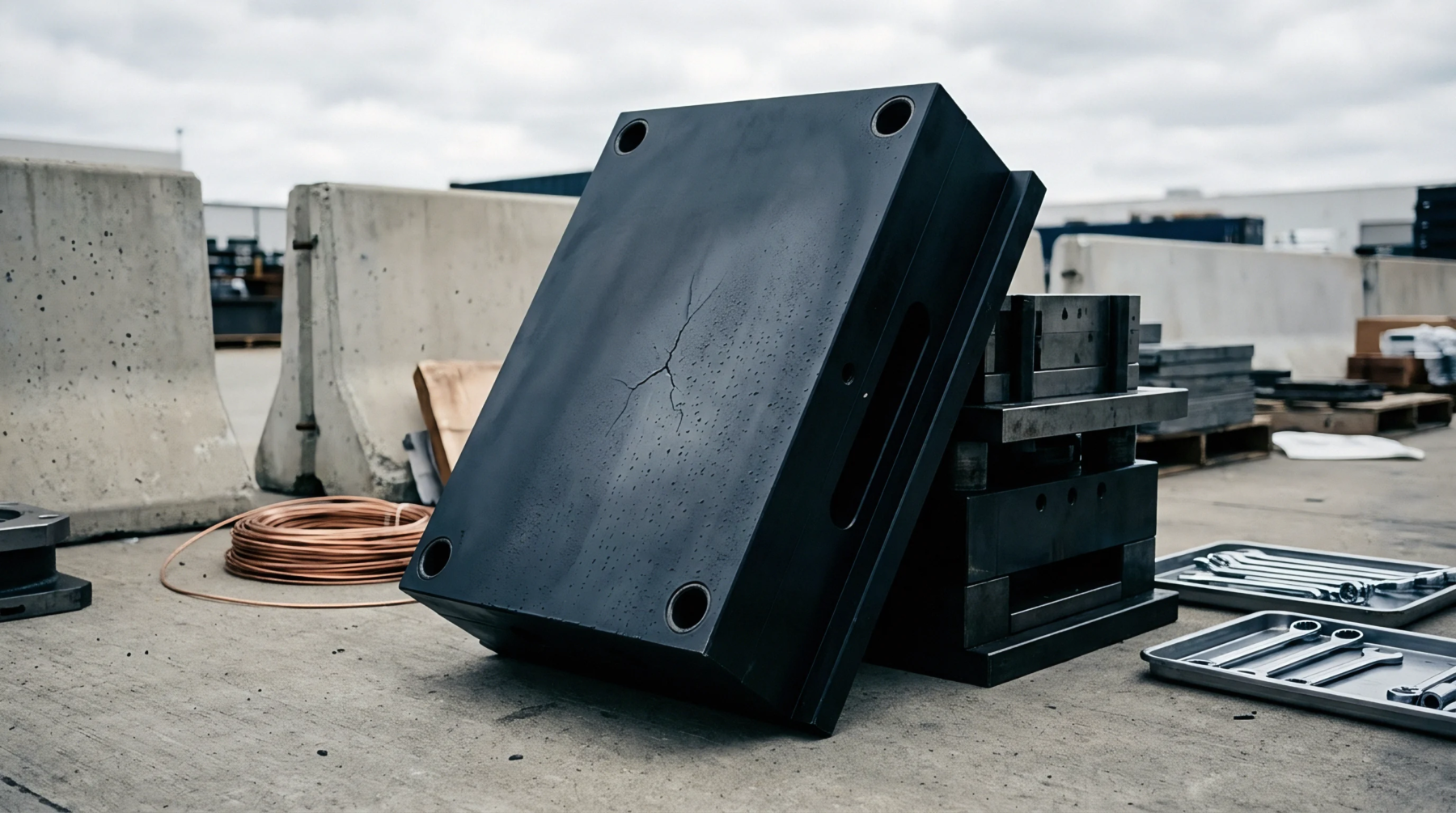 A cracked heavy steel mold rests against stacked tooling components on a concrete industrial yard near maintenance equipment.