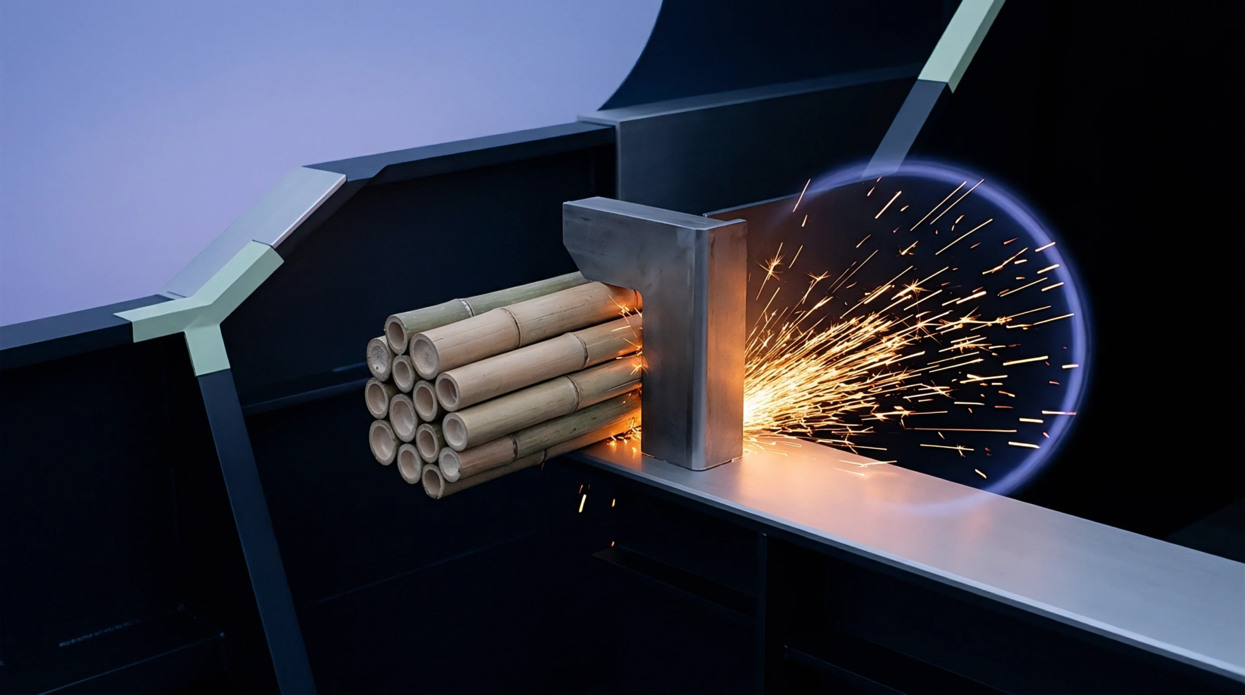 A digital render illustrates cylindrical organic materials undergoing automated industrial cutting inside a dark production facility.