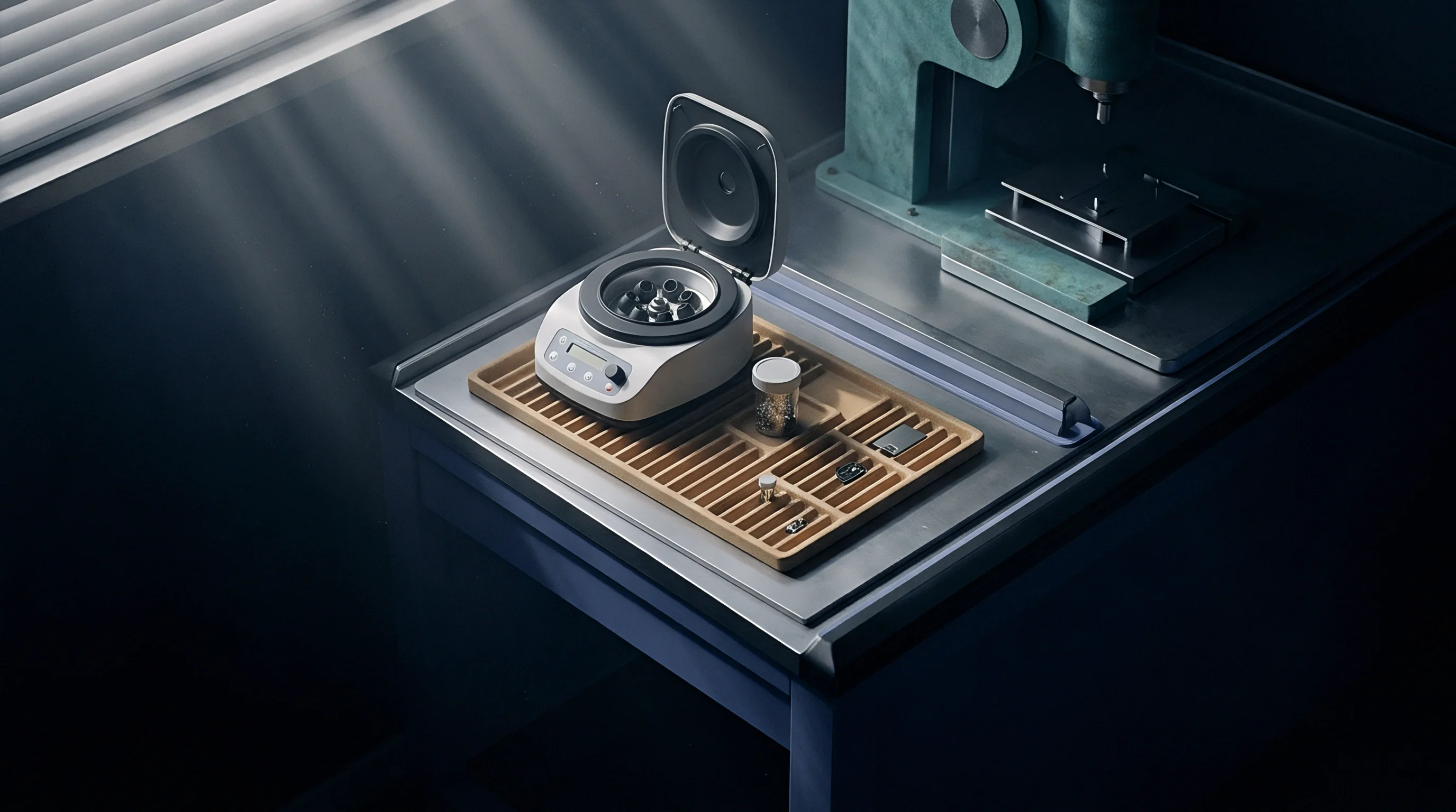 A digital render features a benchtop laboratory centrifuge and a heavy mechanical press resting on a steel workbench inside a production facility.