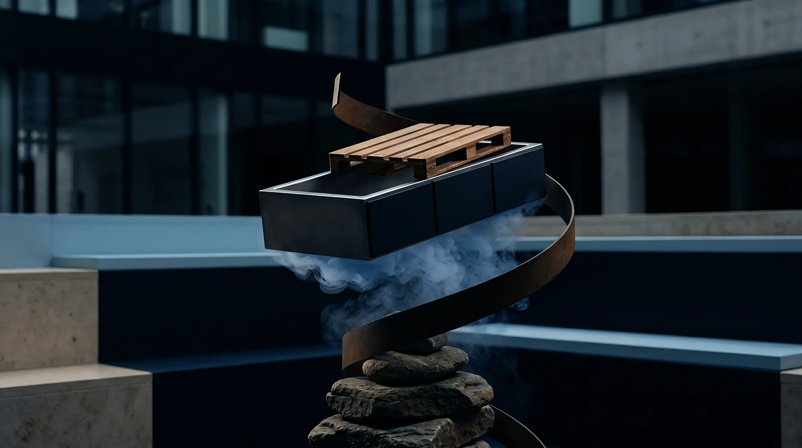 A digital render features a miniature wooden pallet positioned atop a dark metal container above stone pillars in an architectural courtyard.