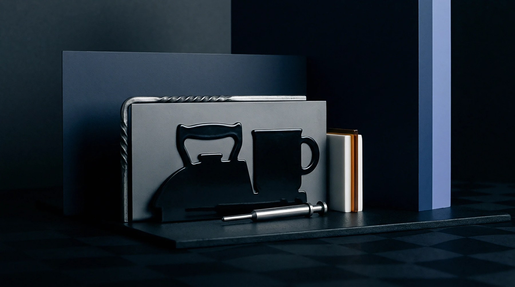 A digital render features precision cut metal components and layered acrylic material samples arranged across a dark industrial workbench.
