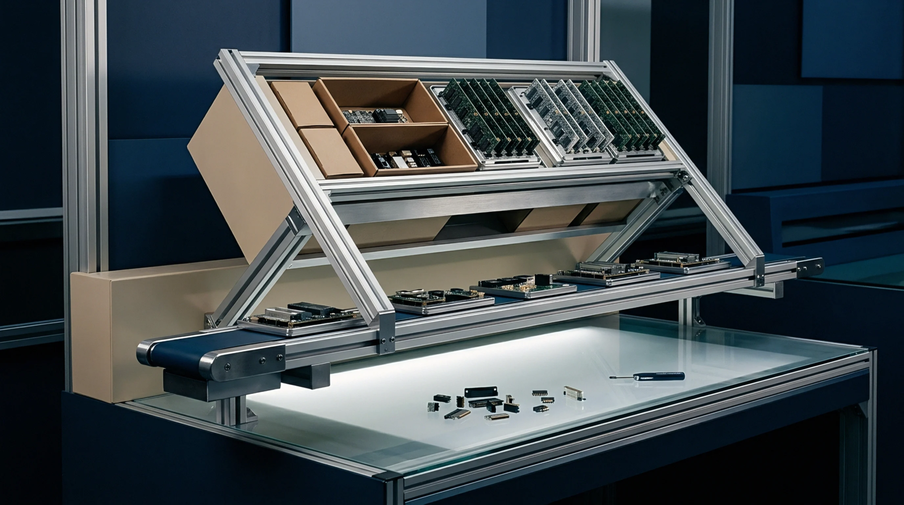 A digital render displays a modular electronics assembly workstation featuring aluminum framing cardboard storage bins printed circuit boards and a miniature conveyor belt.