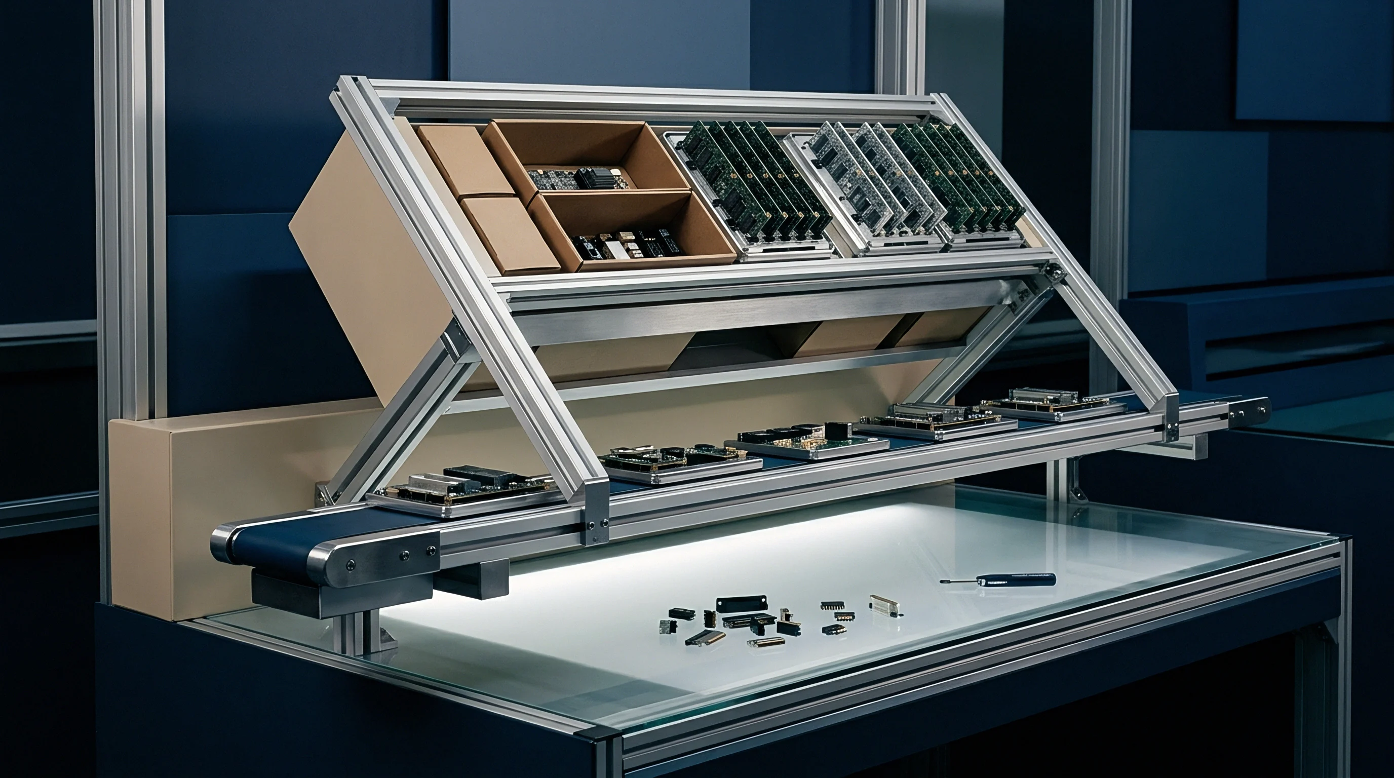 A digital render displays a modular electronics assembly workstation featuring aluminum framing cardboard storage bins printed circuit boards and a miniature conveyor belt.