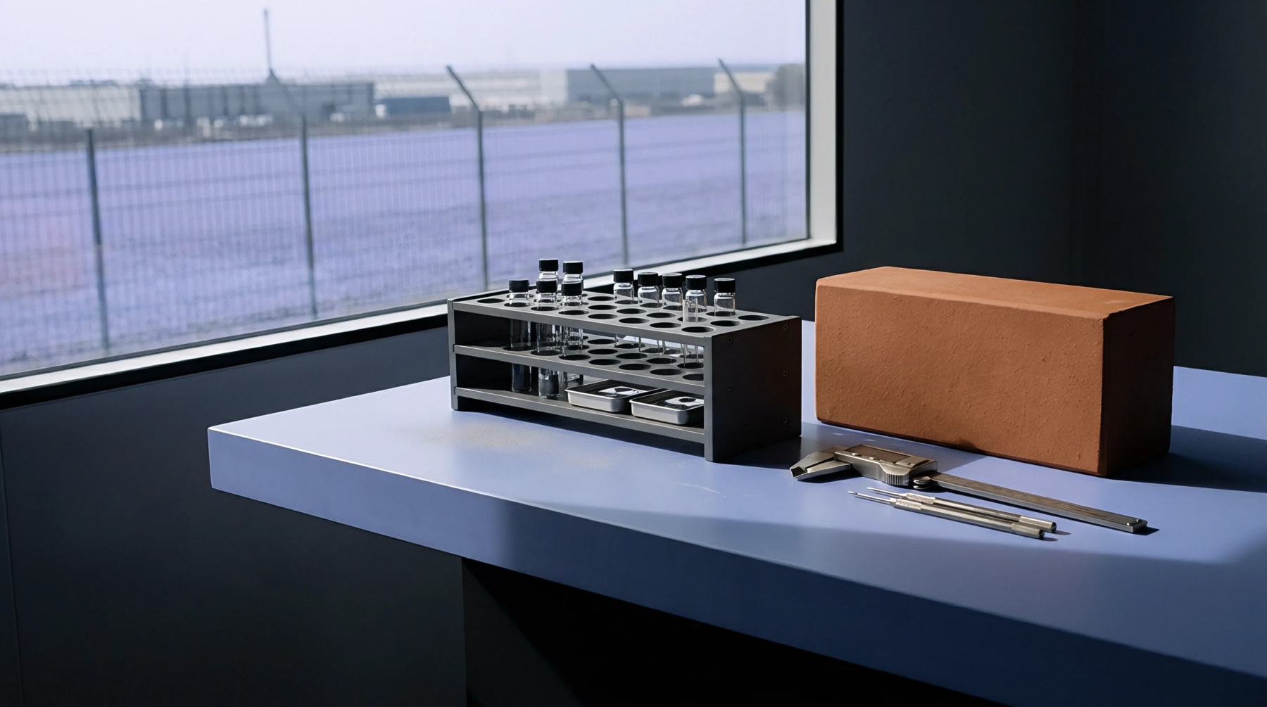 Digital render featuring material testing equipment with a clay brick, glass sample vials, and steel calipers on a blue laboratory table.