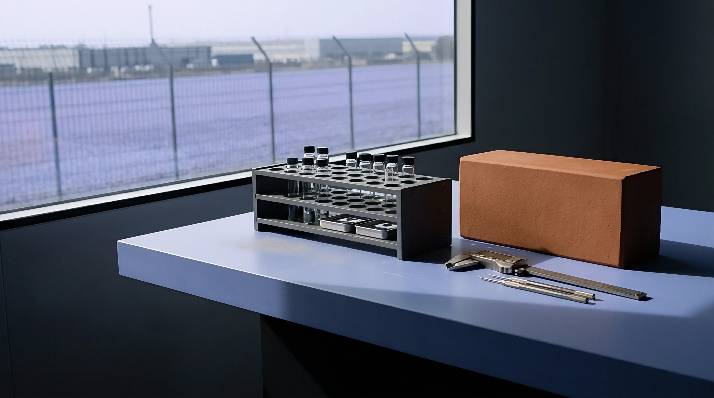 Digital render featuring material testing equipment with a clay brick, glass sample vials, and steel calipers on a blue laboratory table.