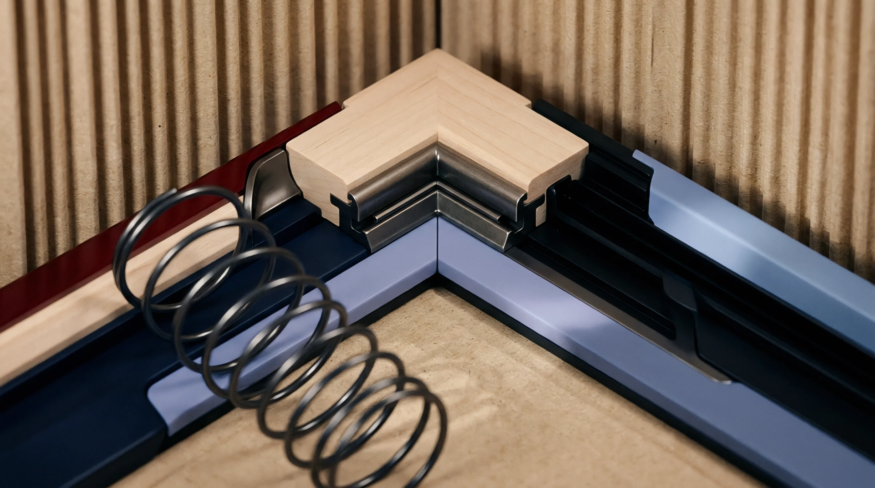 A digital render reveals a modular structural corner frame assembly containing wood components and metal profiles alongside a steel spring inside corrugated cardboard packaging.