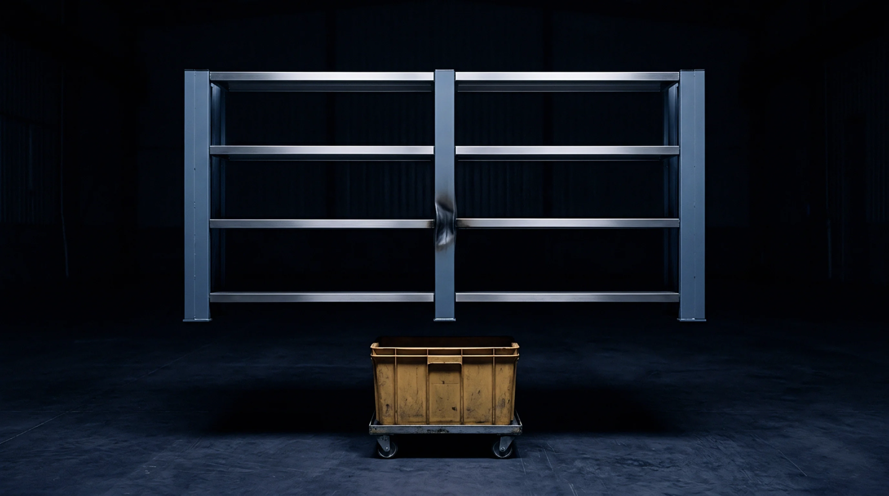 A digital render displays a steel industrial shelving unit featuring central upright deformation suspended above a yellow plastic logistic storage crate.
