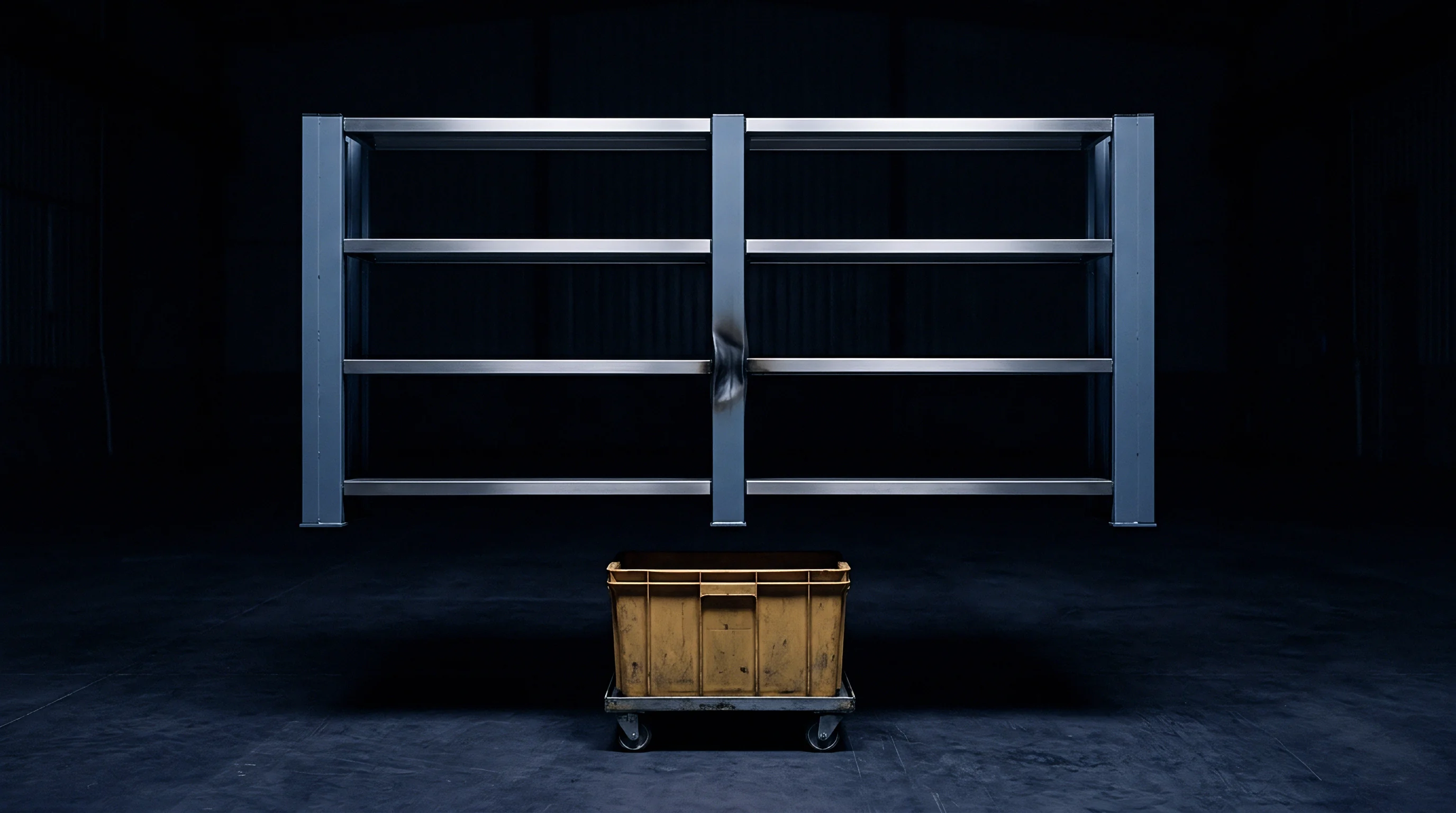 A digital render displays a steel industrial shelving unit featuring central upright deformation suspended above a yellow plastic logistic storage crate.